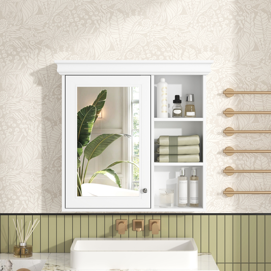 White recessed medicine cabinet with mirrored door