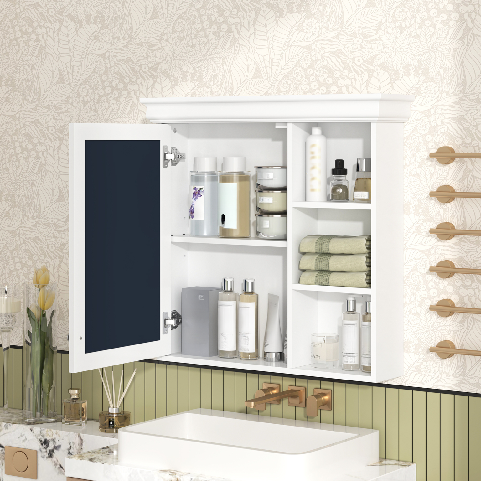 White wallmounted medicine cabinet with open door