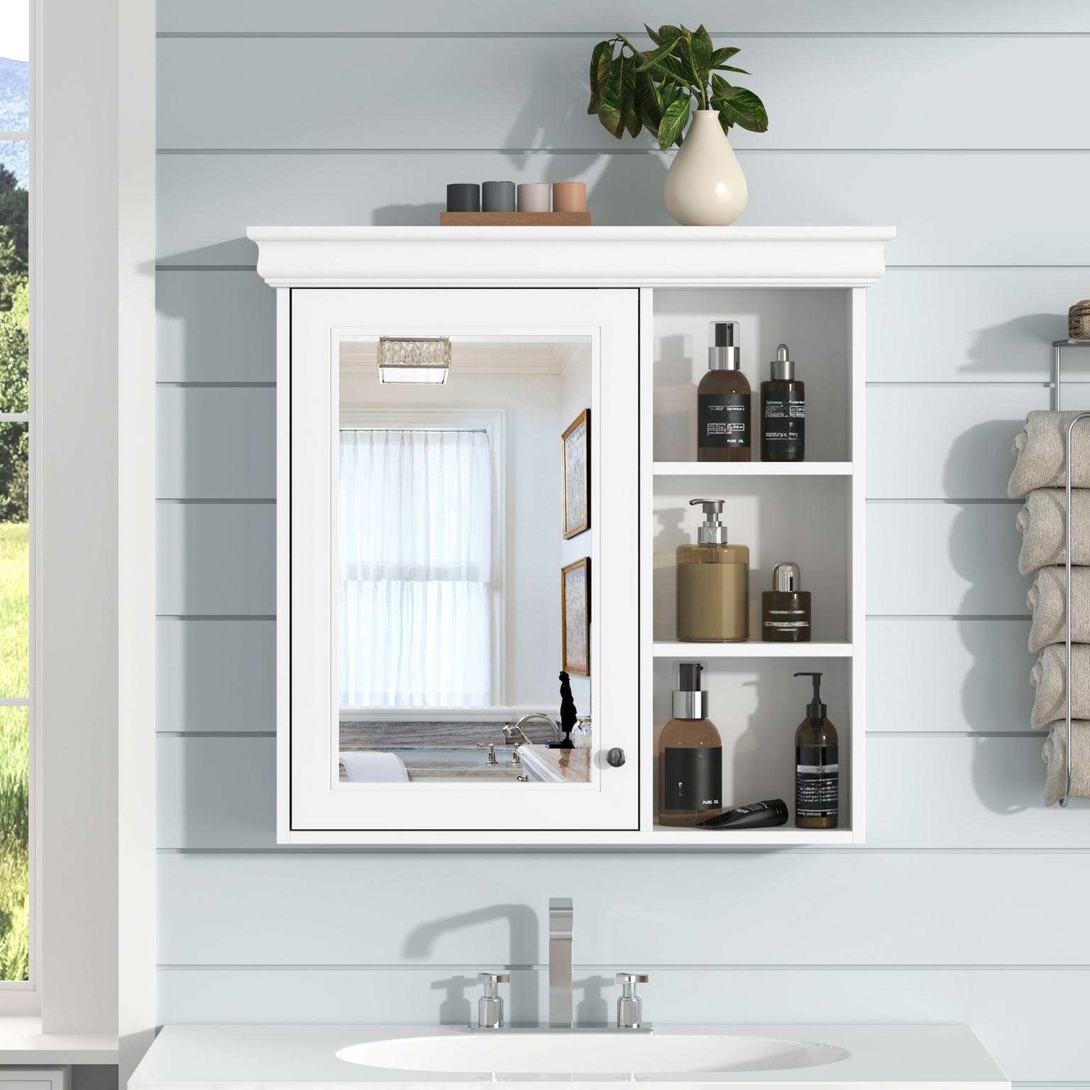 White bathroom medicine cabinet with mirrored door and open shelves