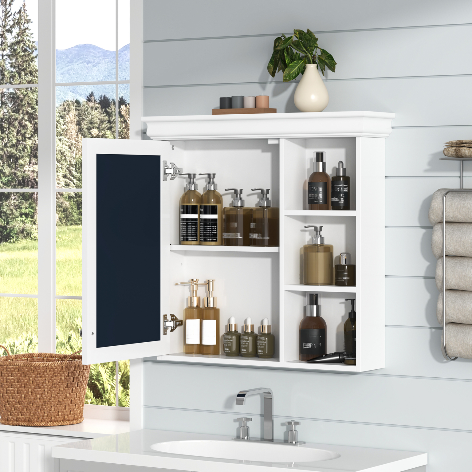 White medicine cabinet with mirrored door storing bathroom toiletries