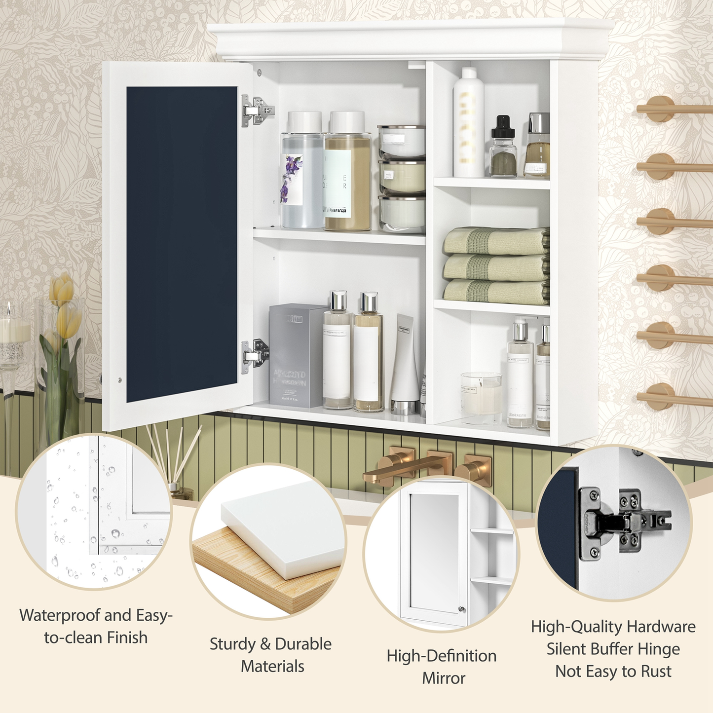 White bathroom medicine cabinet with mirrored doors and open shelving