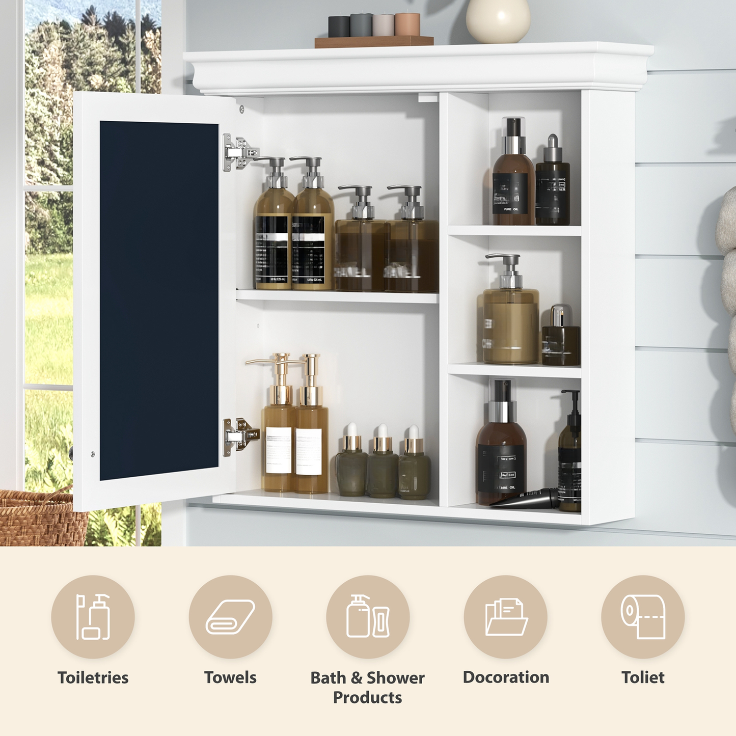 White medicine cabinet with open door displaying various toiletries and skincare bottles