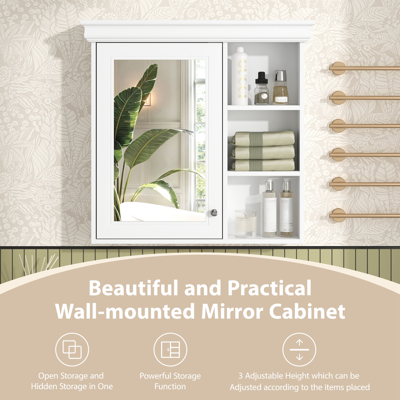 White wallmounted bathroom mirror cabinet with open shelves and gold towel bars