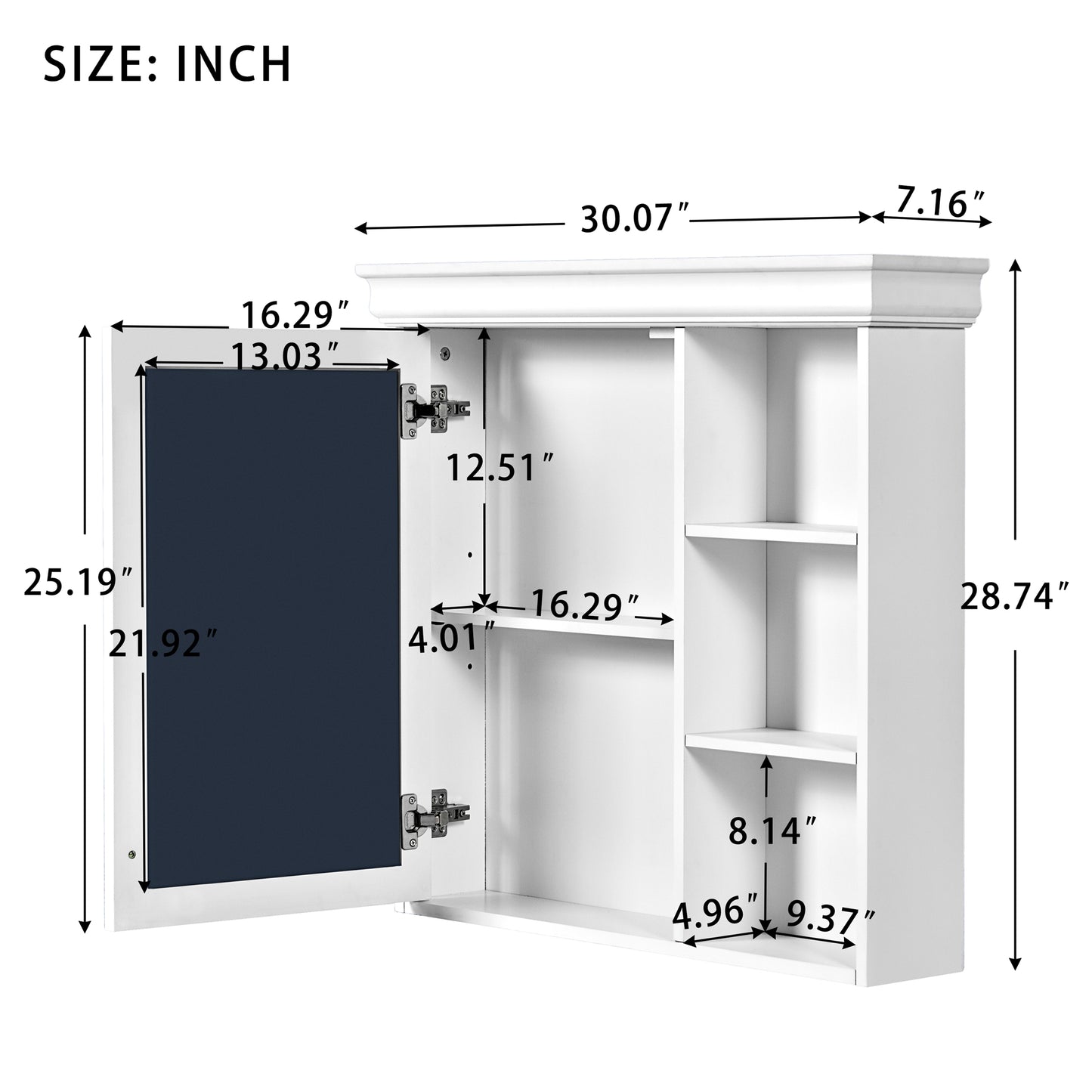 White medicine cabinet with mirrored door and open shelving Dimensions shown