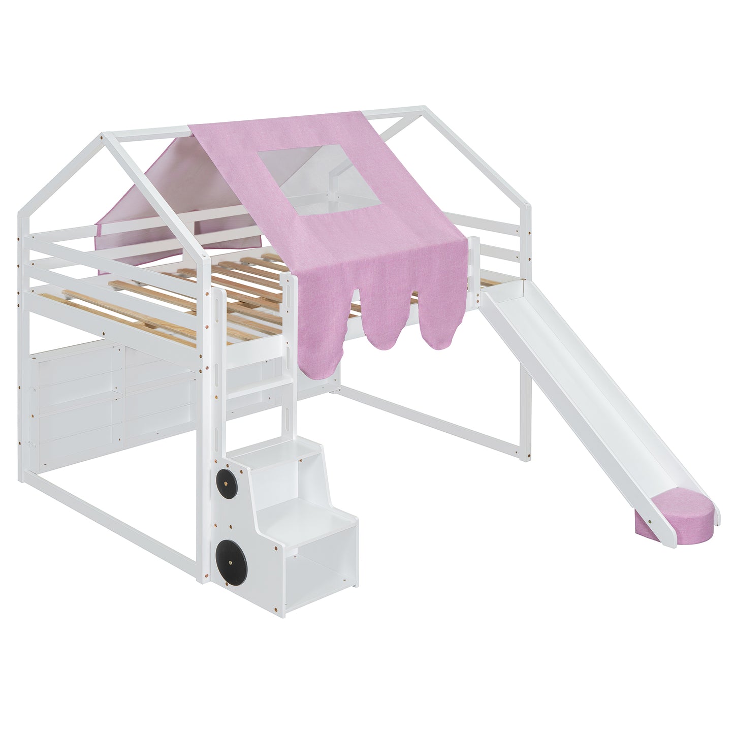 White wooden loft bed with pink tent and slide
