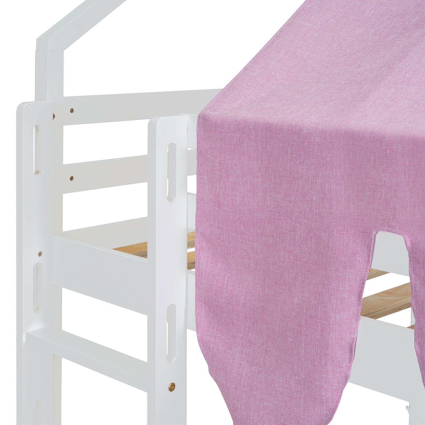 White wooden bed frame with a pink tent canopy accessory