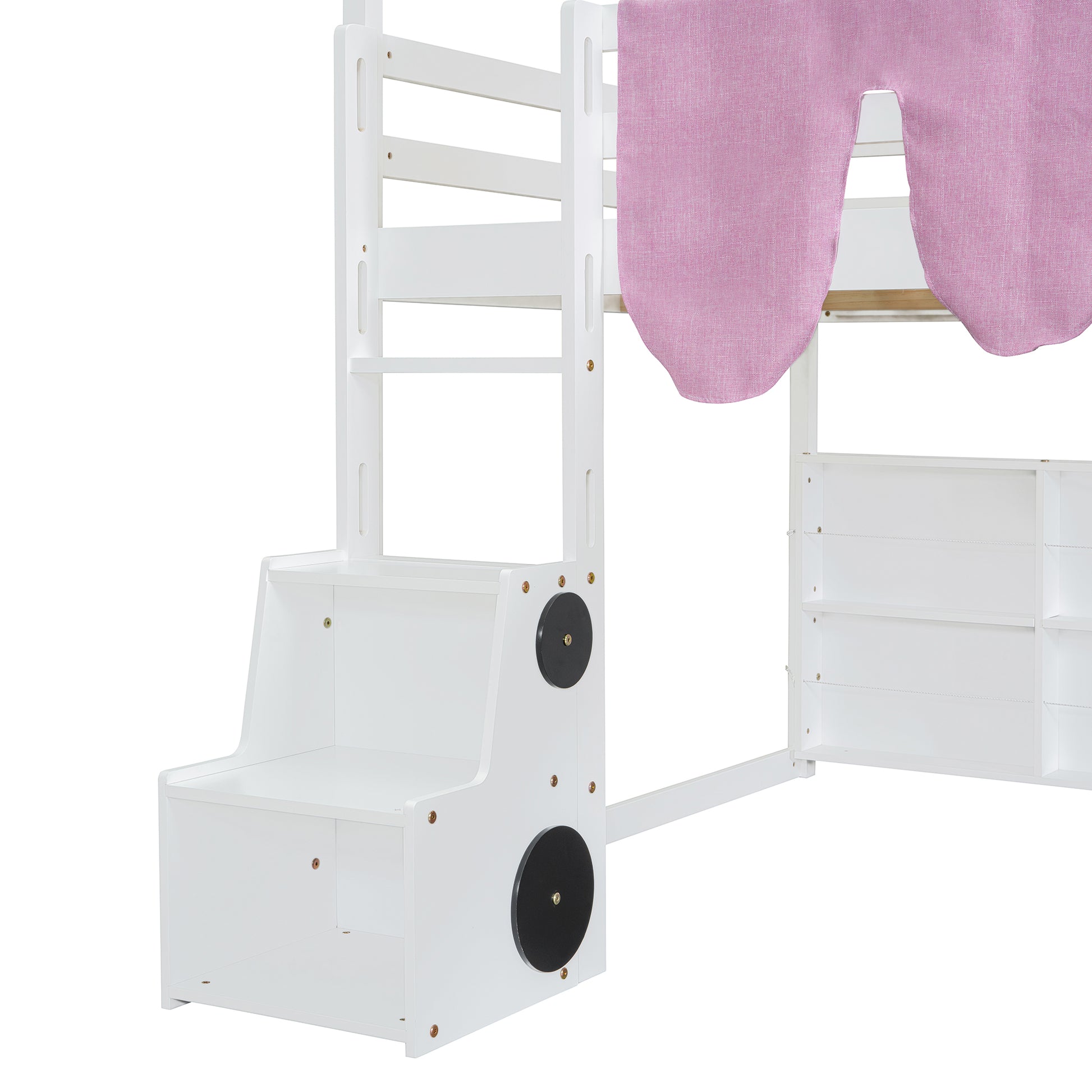 White wooden loft bed with pink curtain and builtin shelves