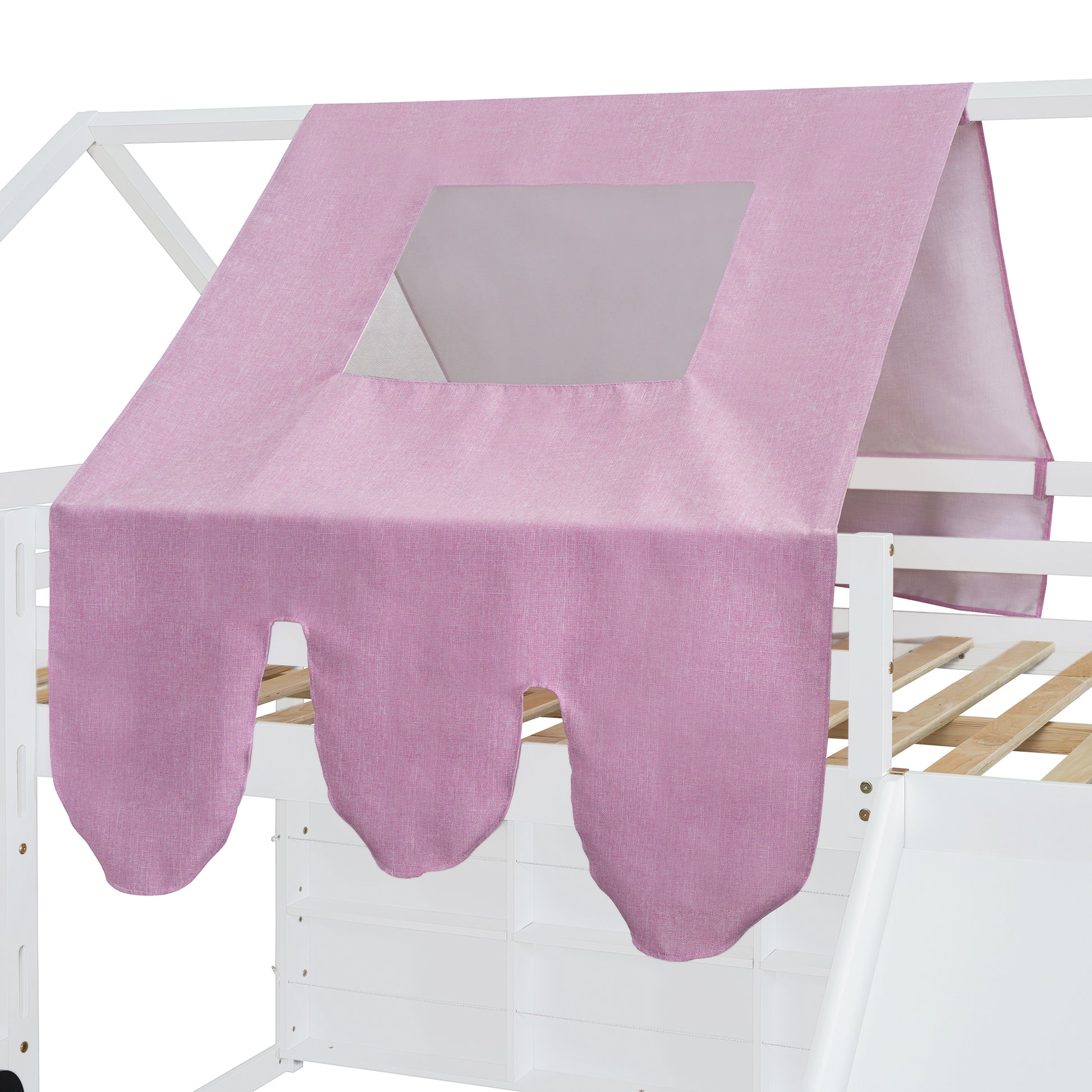 Pink fabric tent canopy with window detail for a childs bed