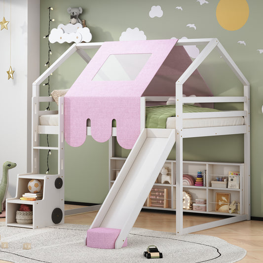 White wooden loft bed with pink tent and slide for kids playroom