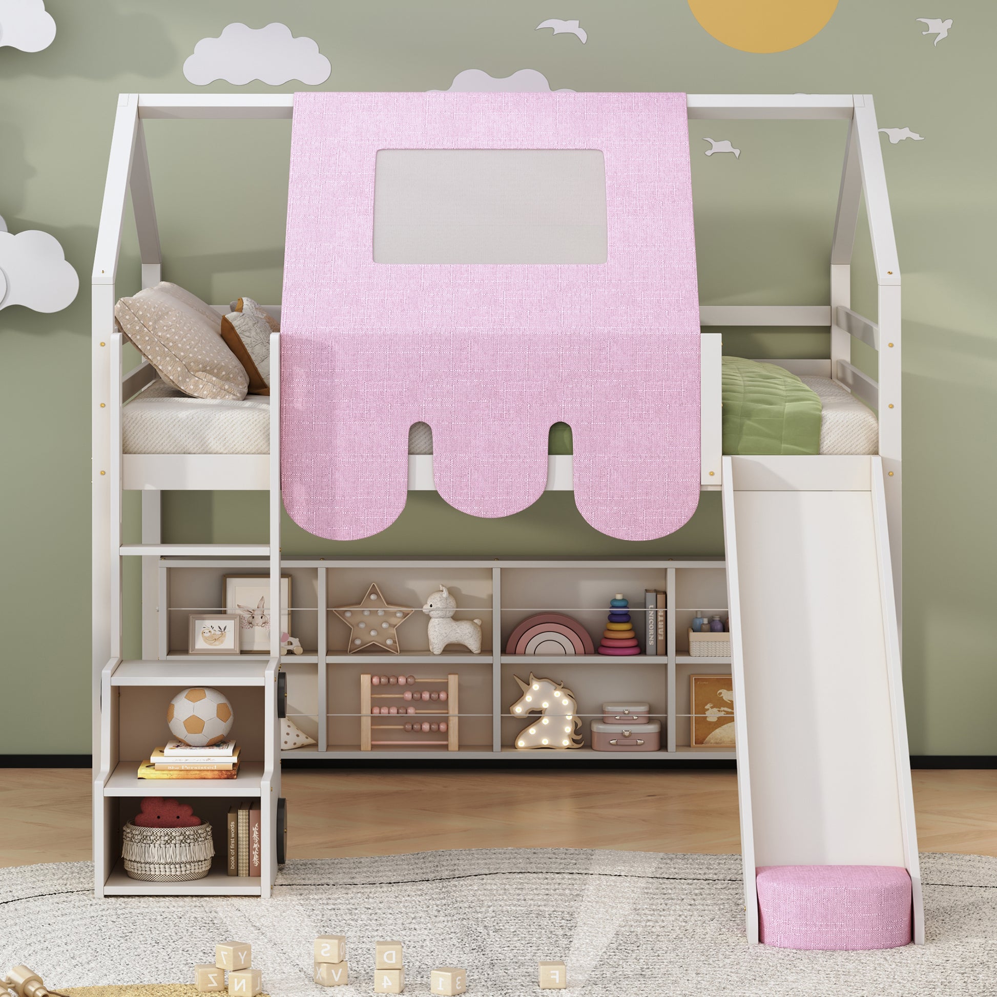 White wooden loft bed with pink tent and slide
