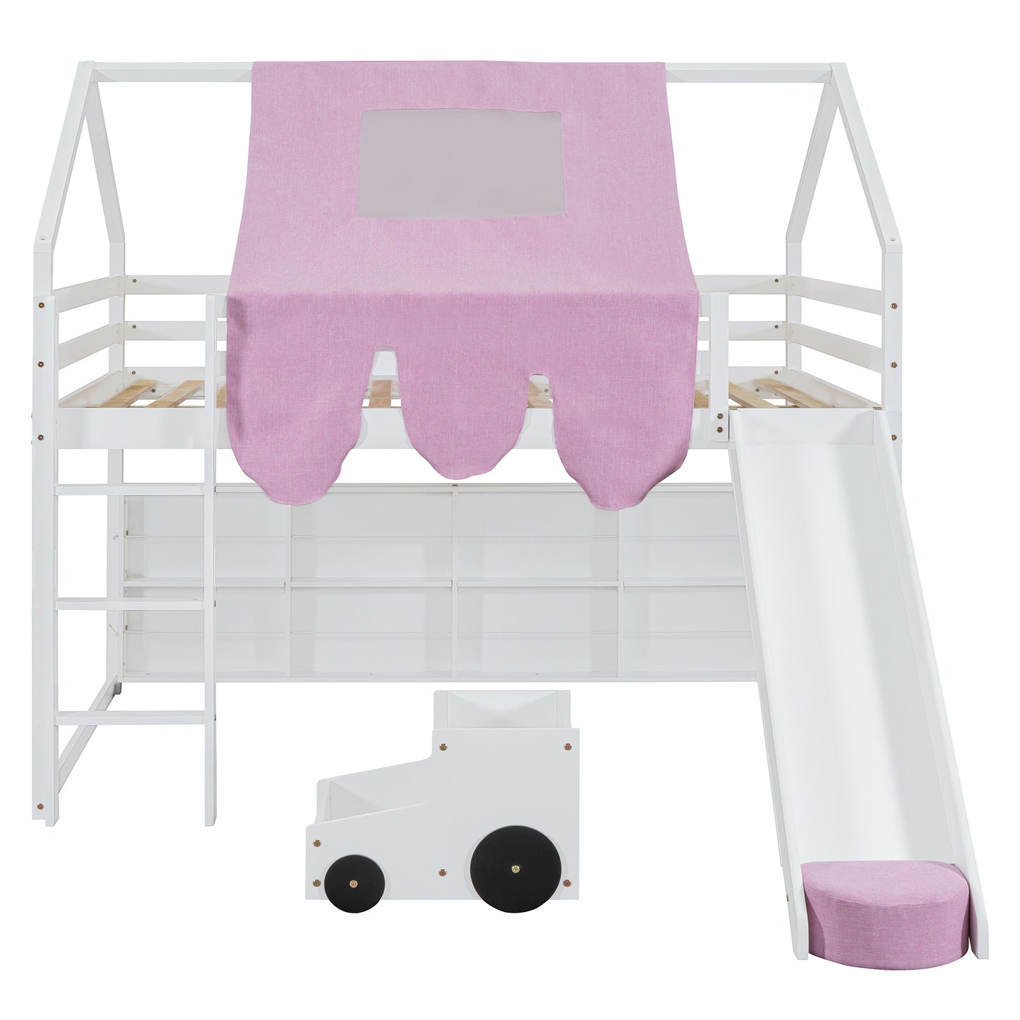 White wooden loft bed with pink tent slide and toy storage