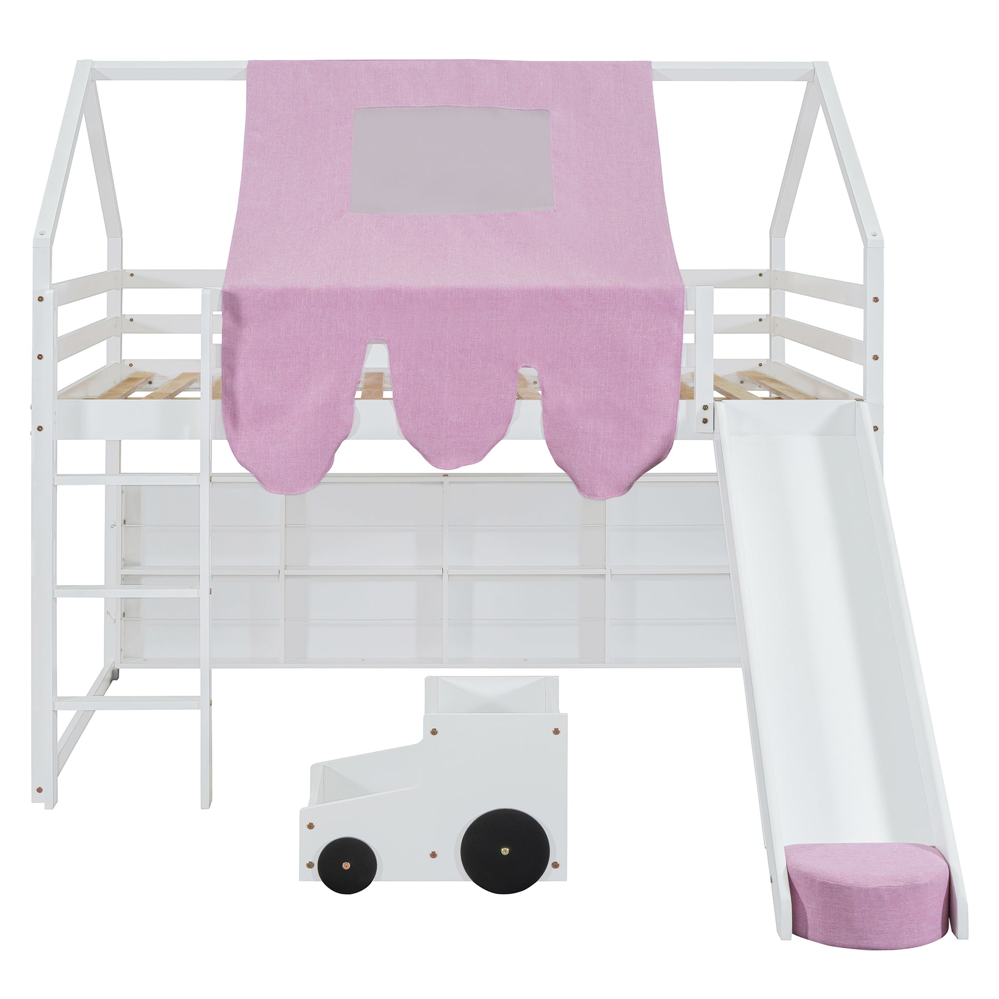 White wooden loft bed with pink tent slide and toy storage