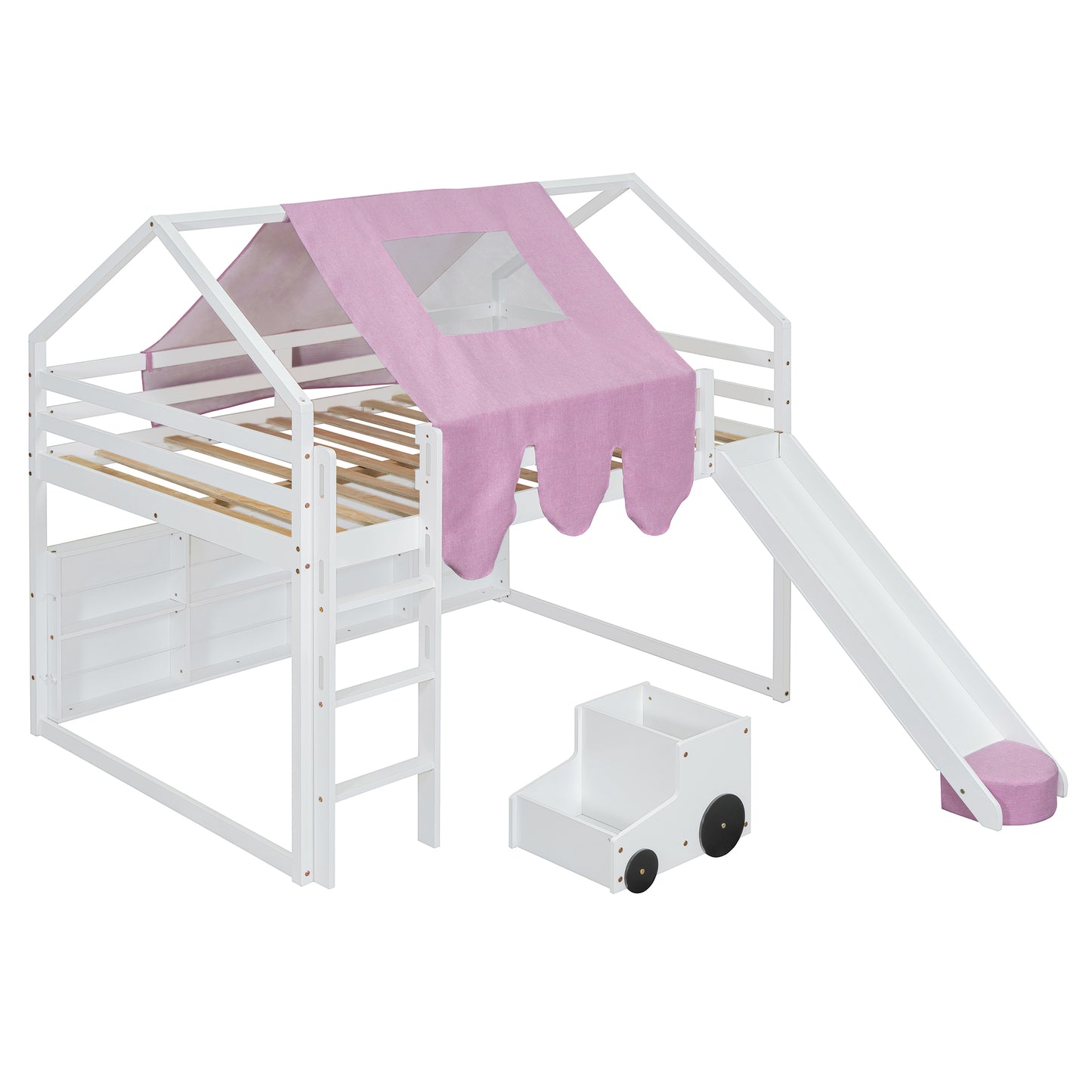White wooden loft bed with pink tent slide and carshaped storage for kids room