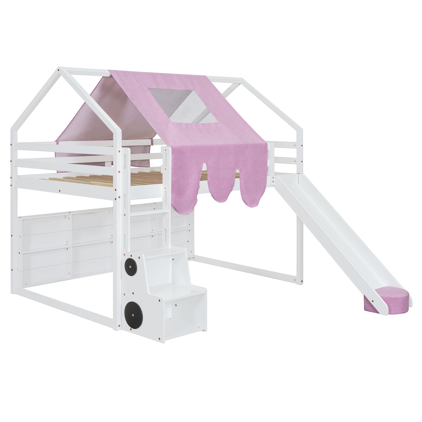 White wooden loft bed with pink tent canopy and slide