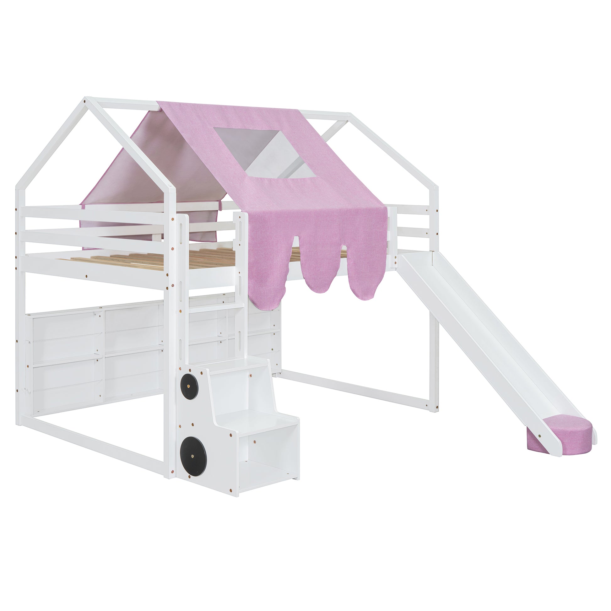 White wooden loft bed with pink tent canopy and slide