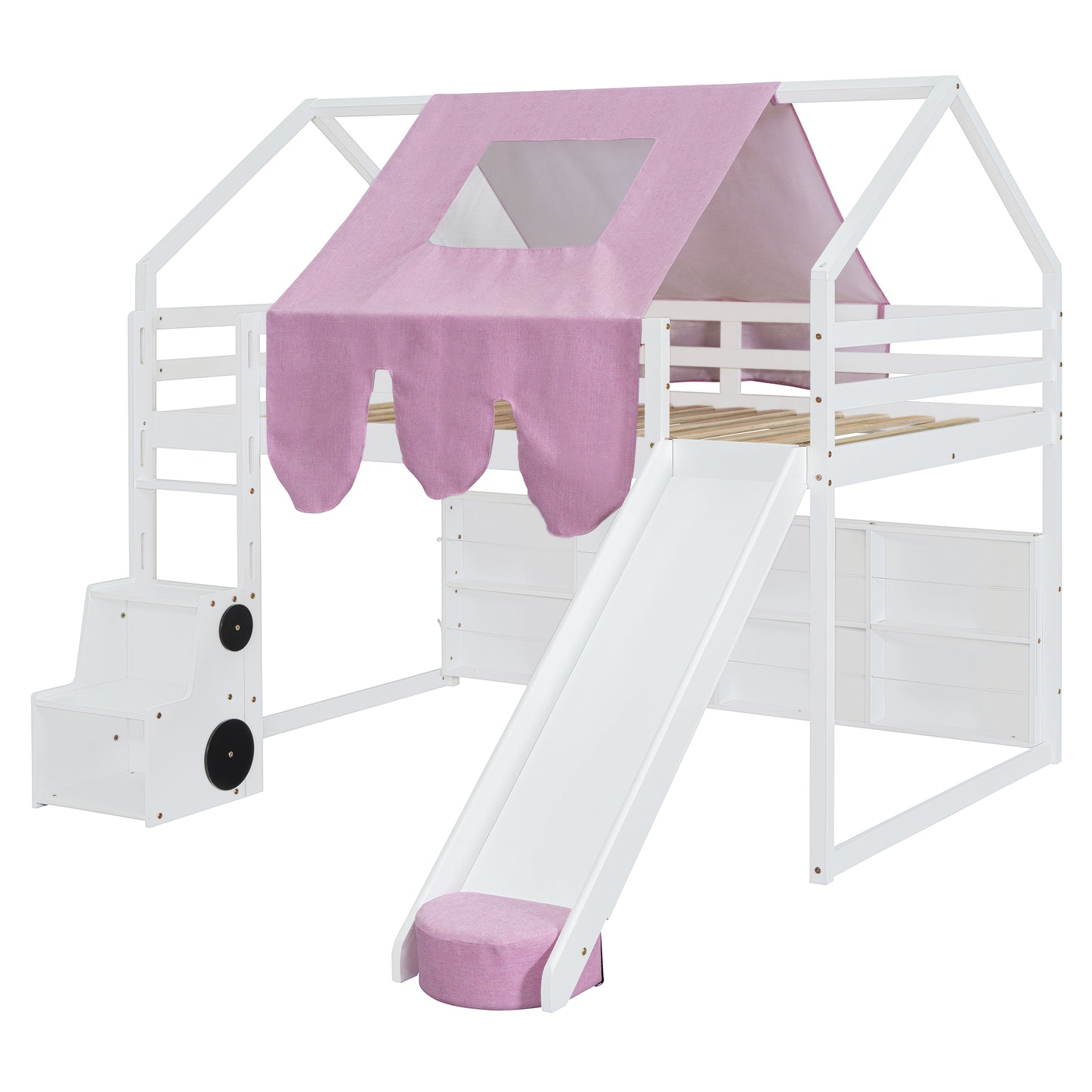 White loft bed with pink tent and slide