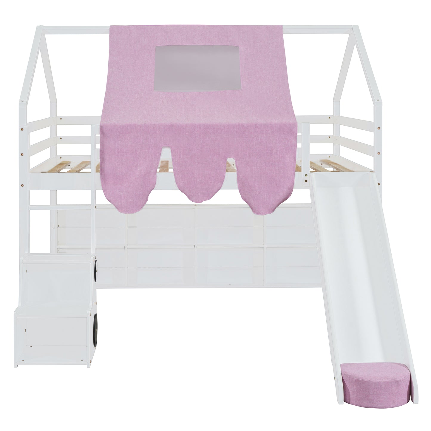 White wooden house bed with pink canopy and slide