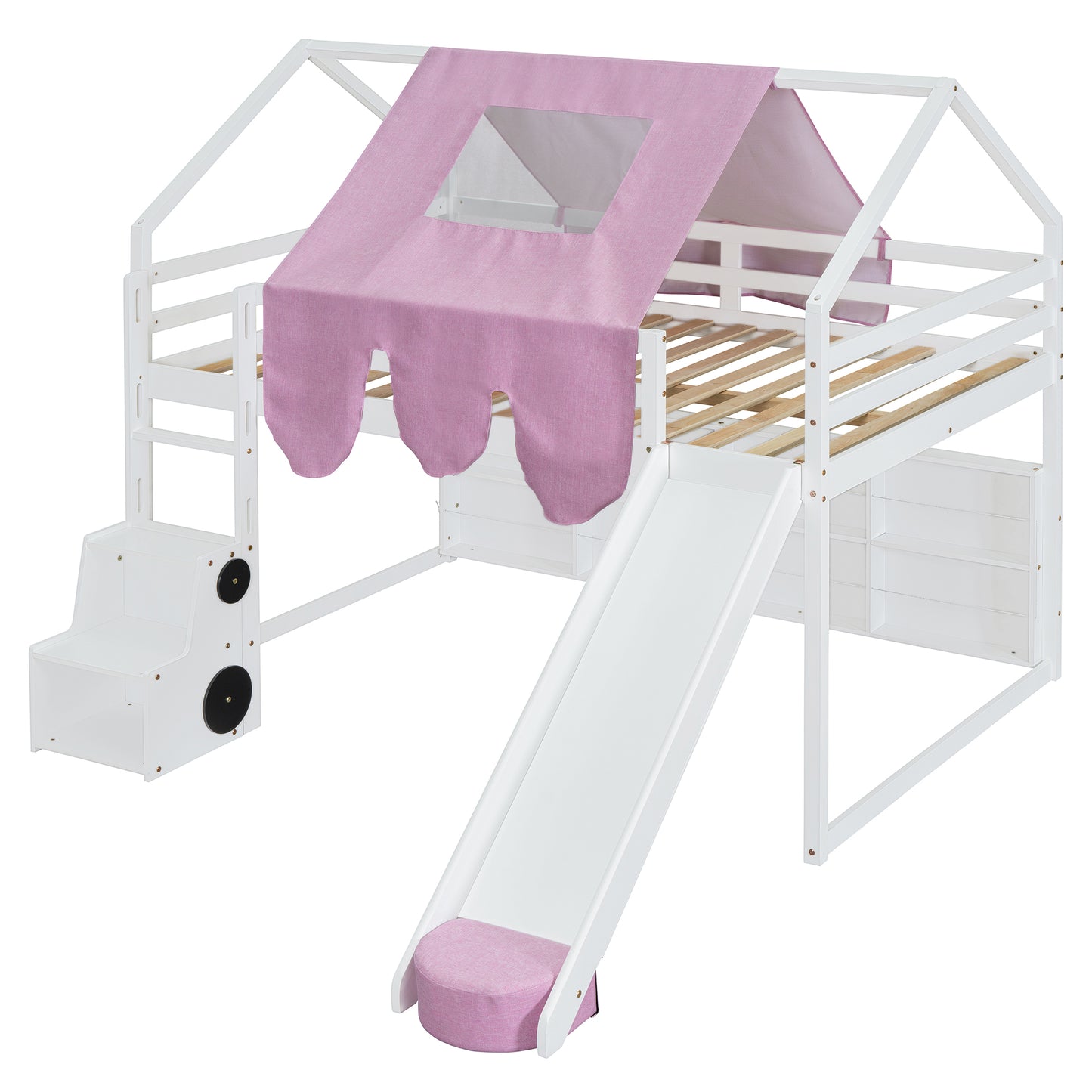 White wooden loft bed with pink tent and slide