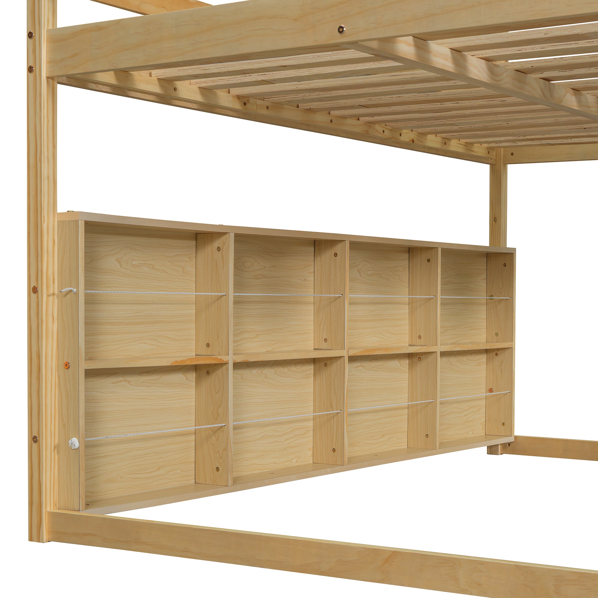 Natural pine wood bunk bed with integrated shelving unit