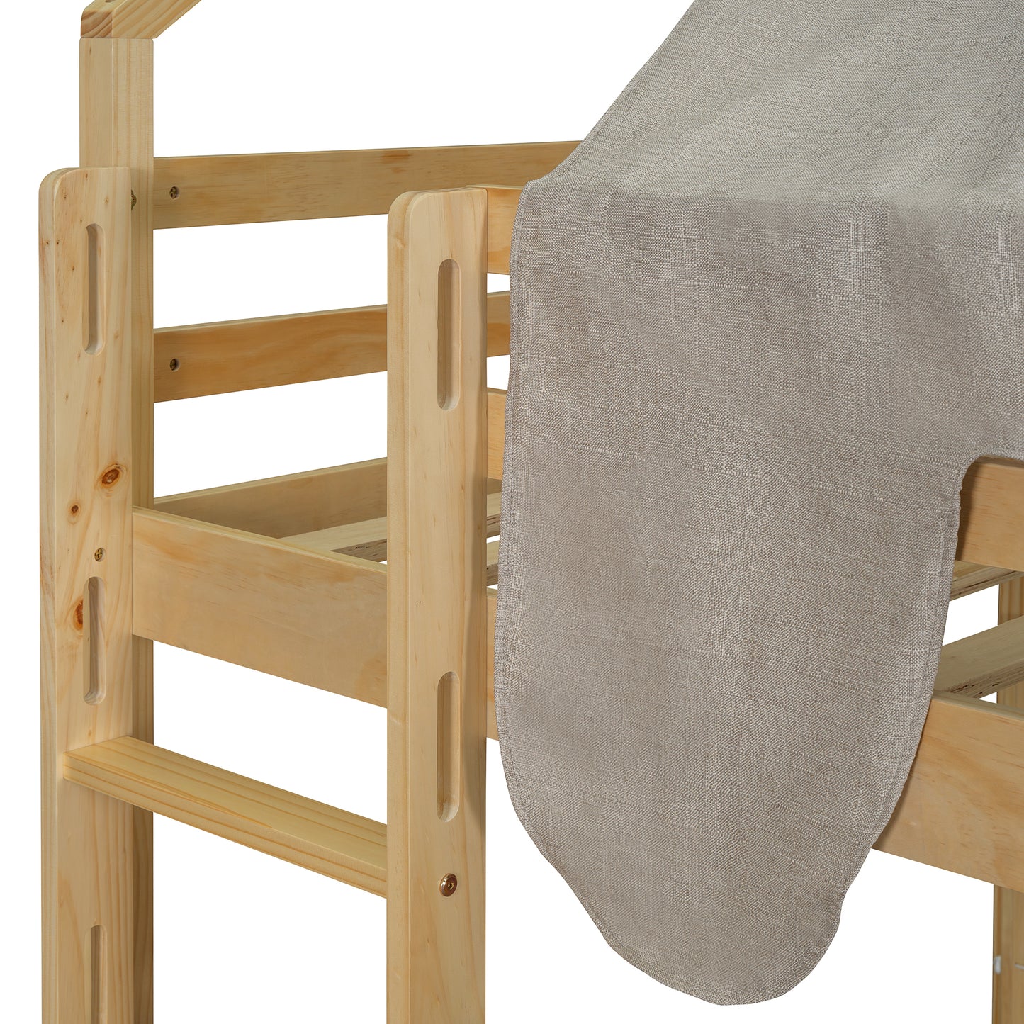 Natural pine wood bunk bed frame with beige fabric canopy