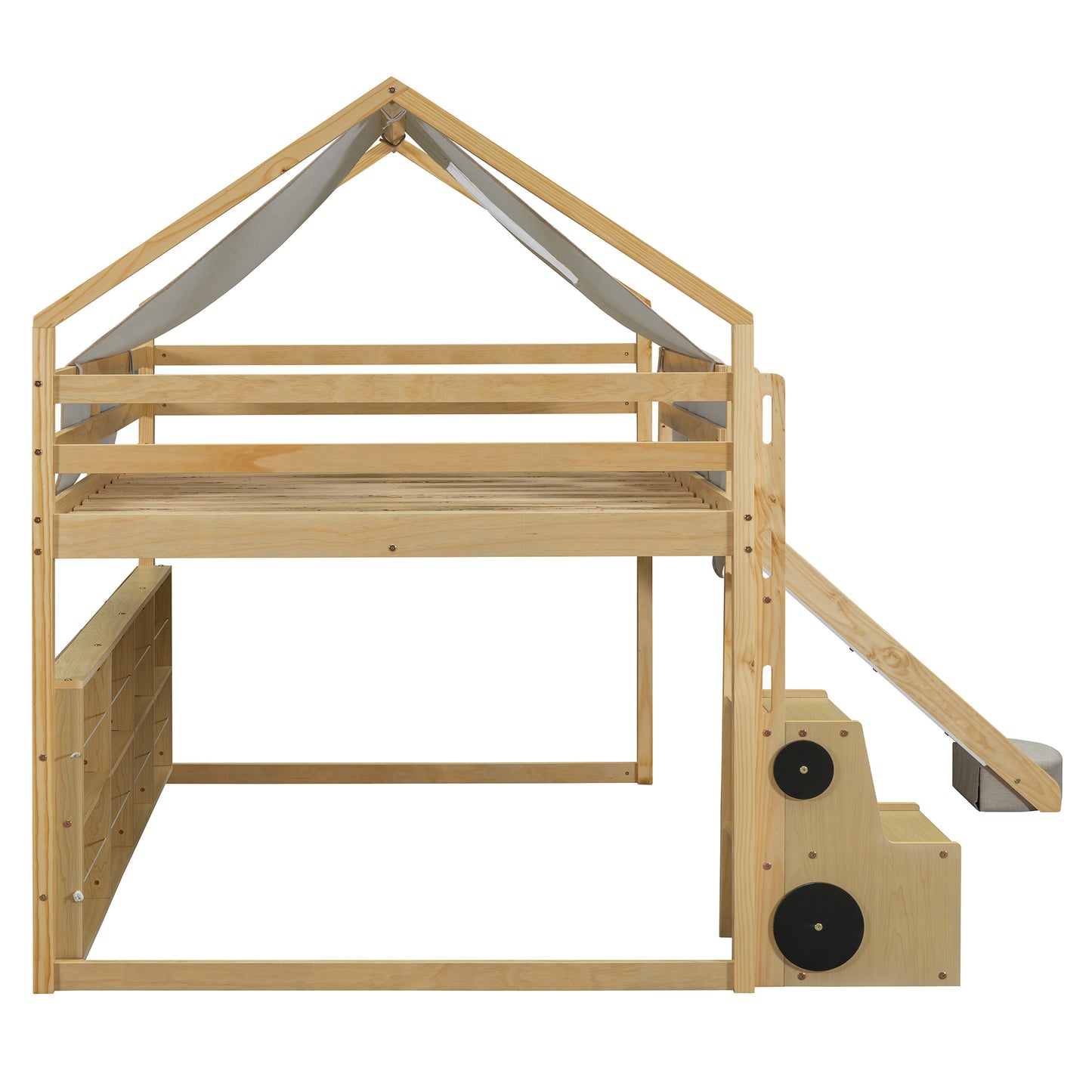 Natural wood loft bed with storage shelves and slide