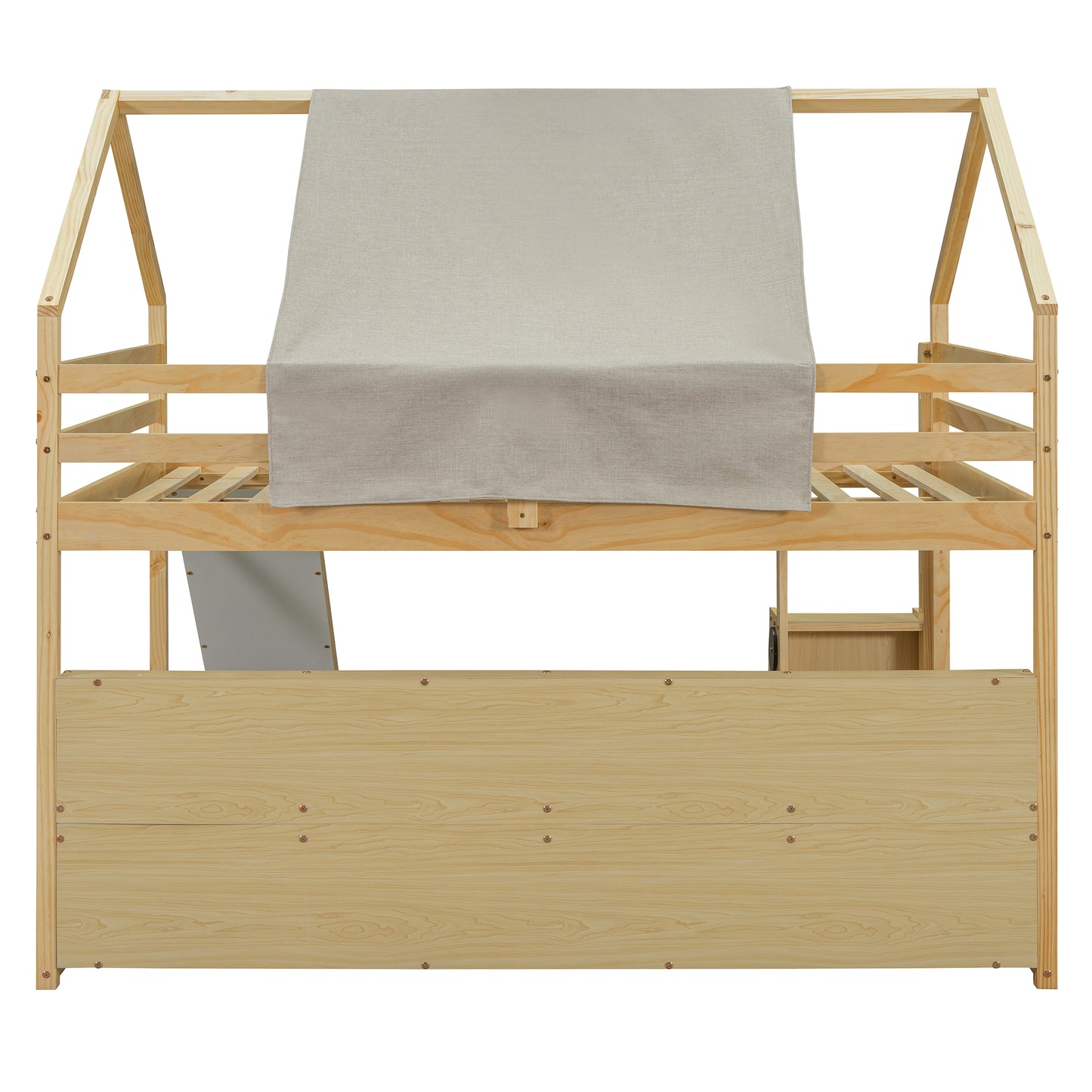 Natural wood twin house bed frame with beige fabric canopy and builtin shelving