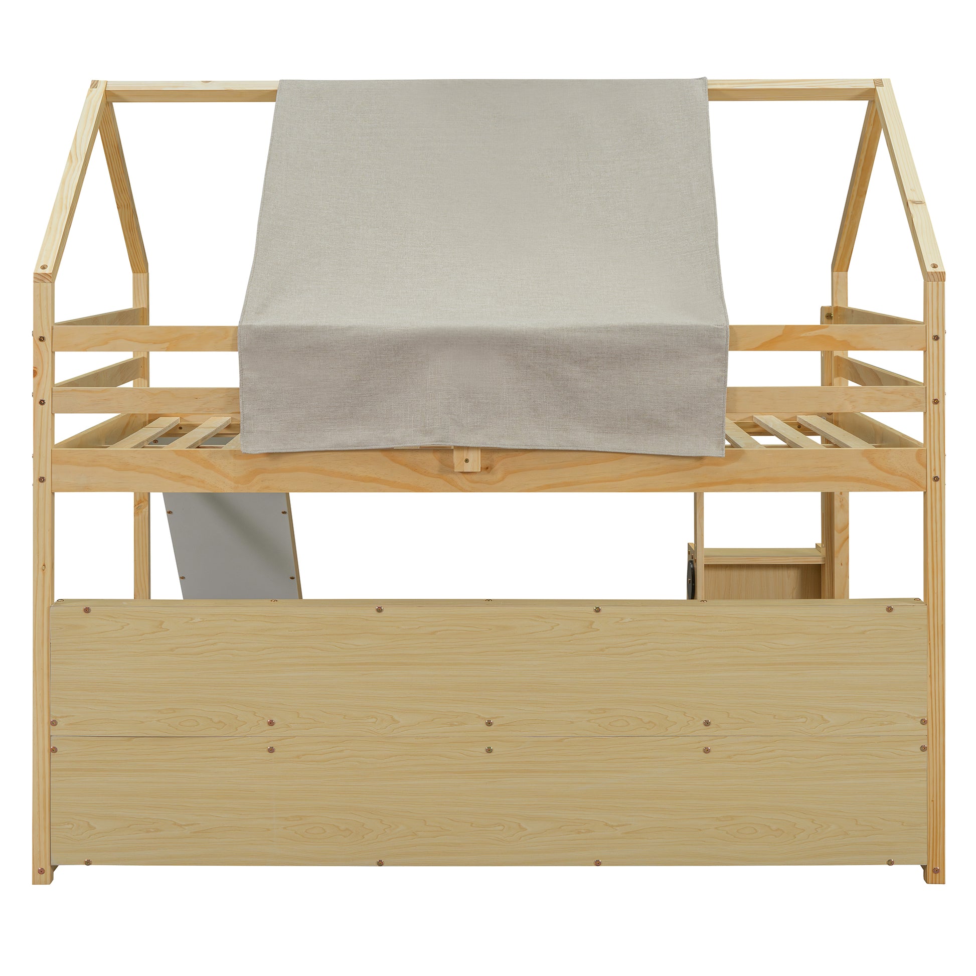 Natural wood twin house bed frame with beige fabric canopy and builtin shelving