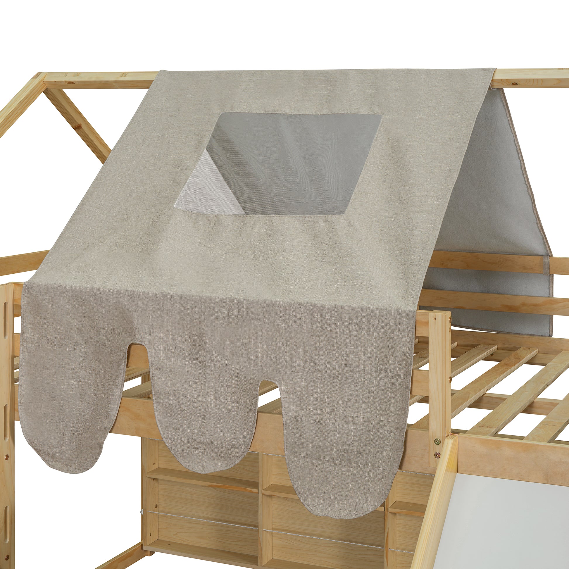 Tan canvas tent roof with window detail on wooden bunk bed