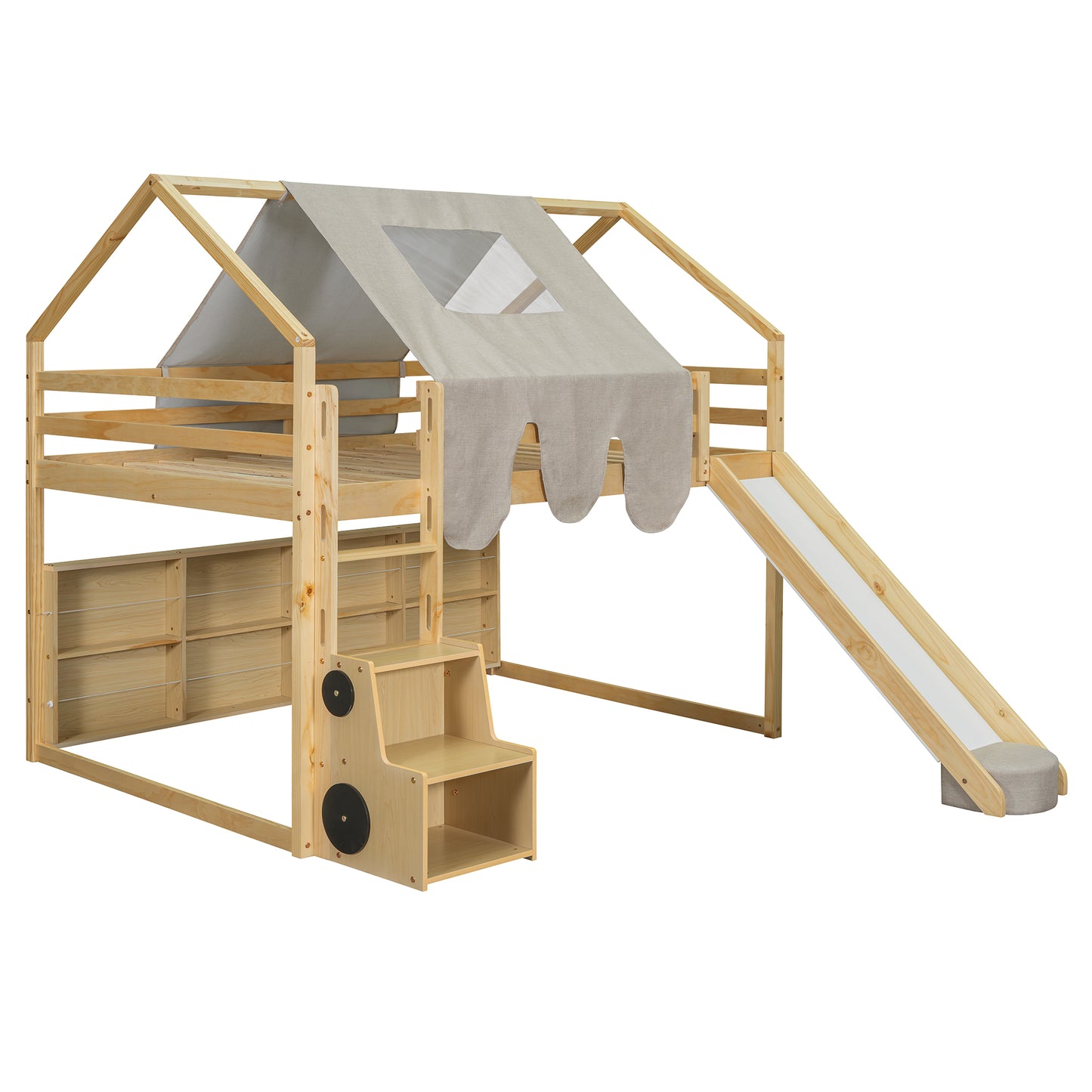 Wooden loft bed with slide and storage