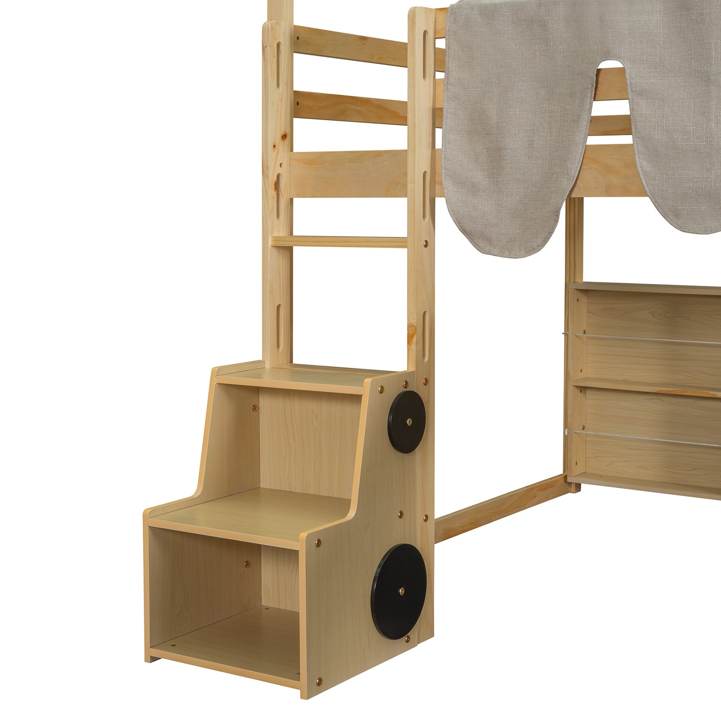 Natural wood loft bed with attached wooden steps and a grey fabric canopy
