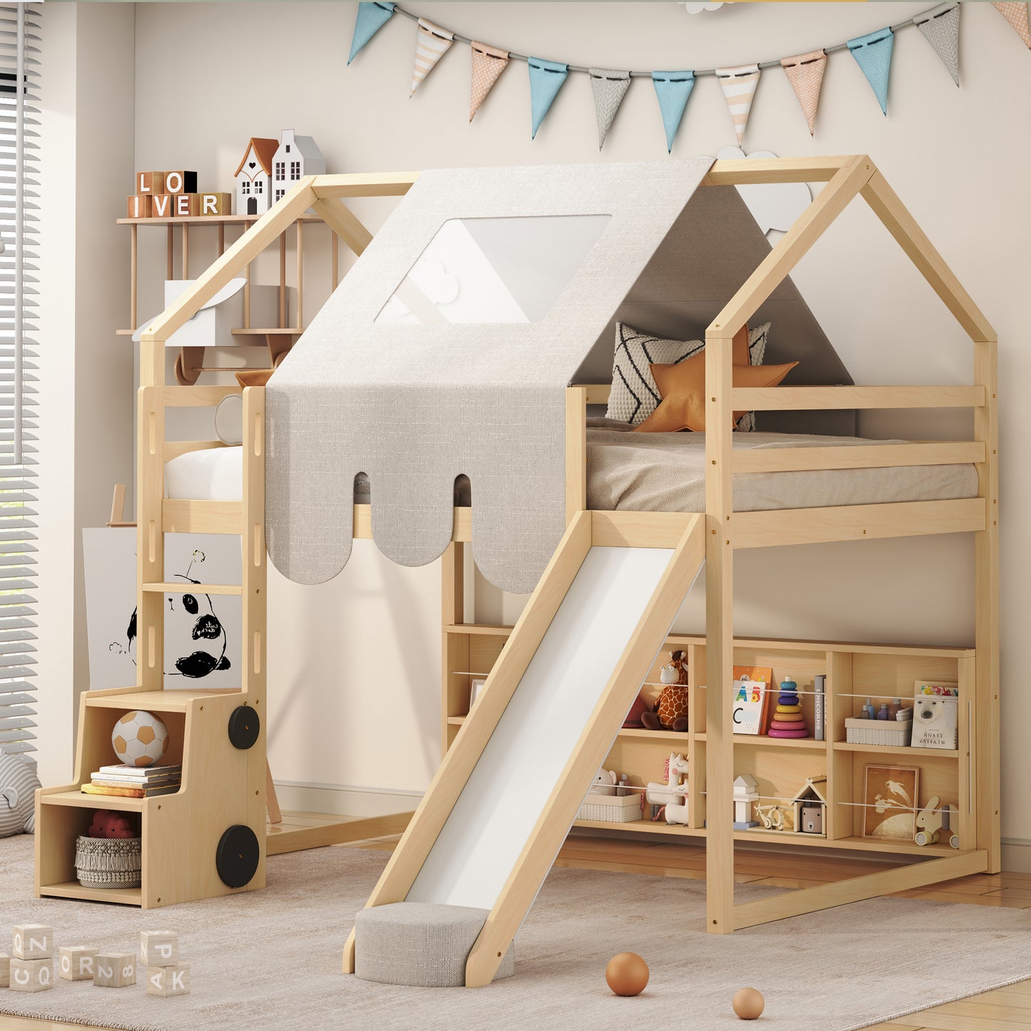 Natural wood loft bed with slide and storage shelves