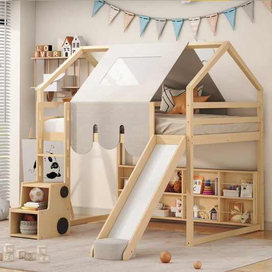 Natural wood loft bed with slide and storage shelves