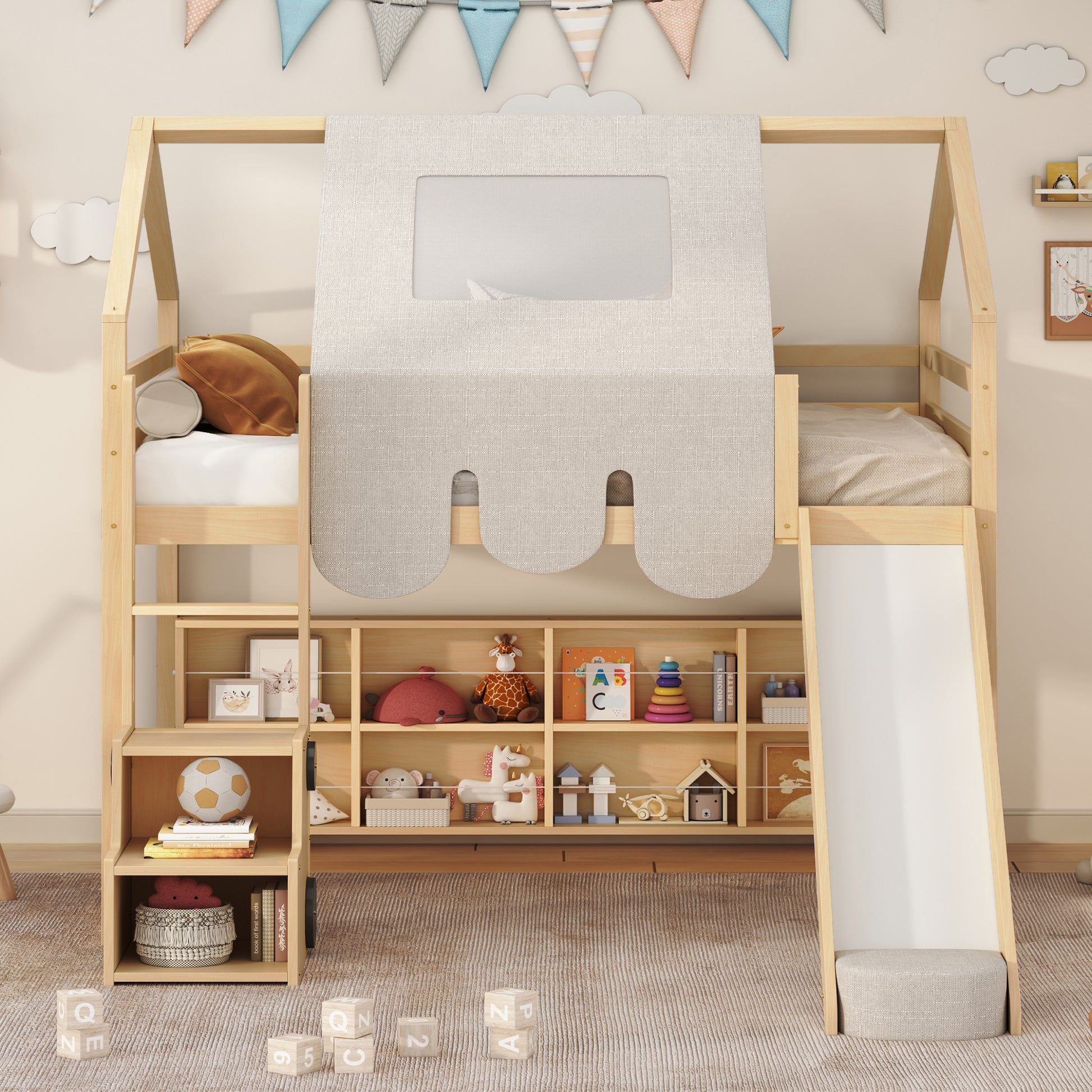 Wooden house bed frame with integrated bookshelf and fun slide for kids playroom