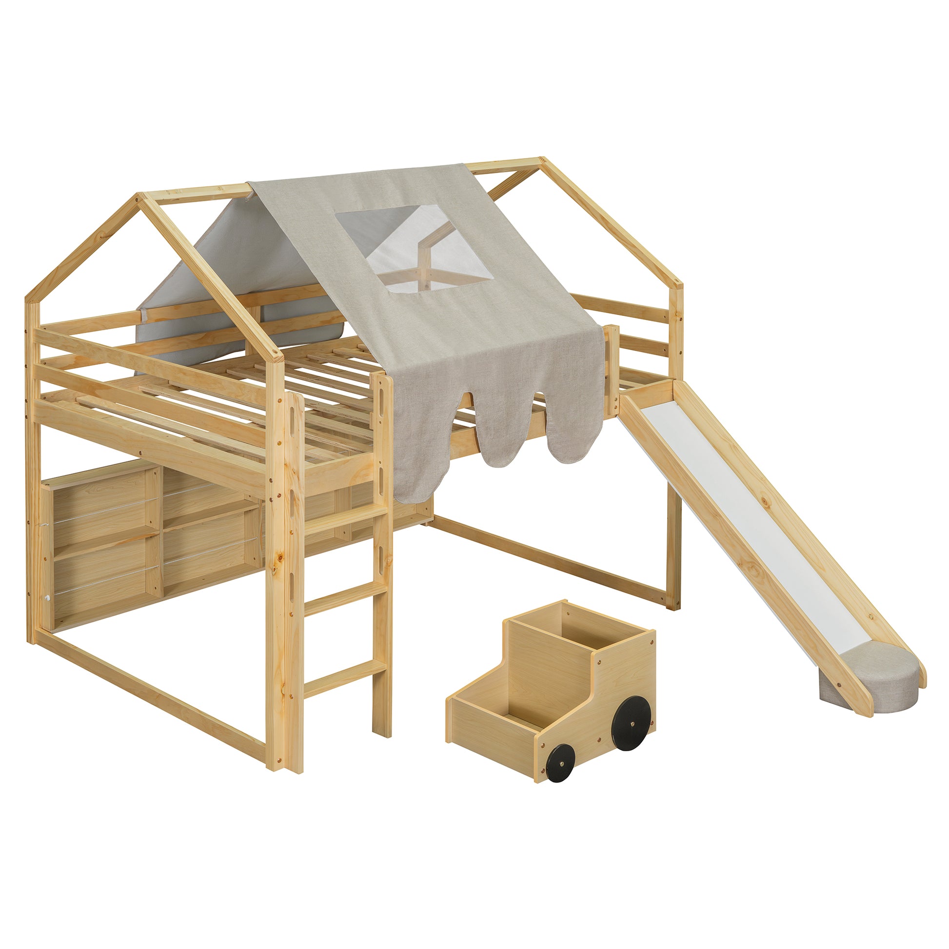 Natural wood loft bed with tent and slide