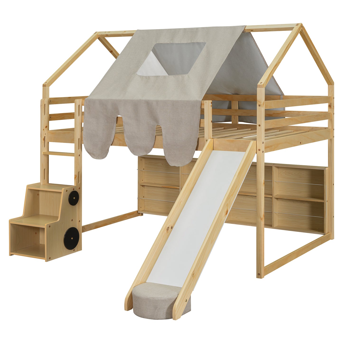Natural wood loft bed with slide and tent canopy