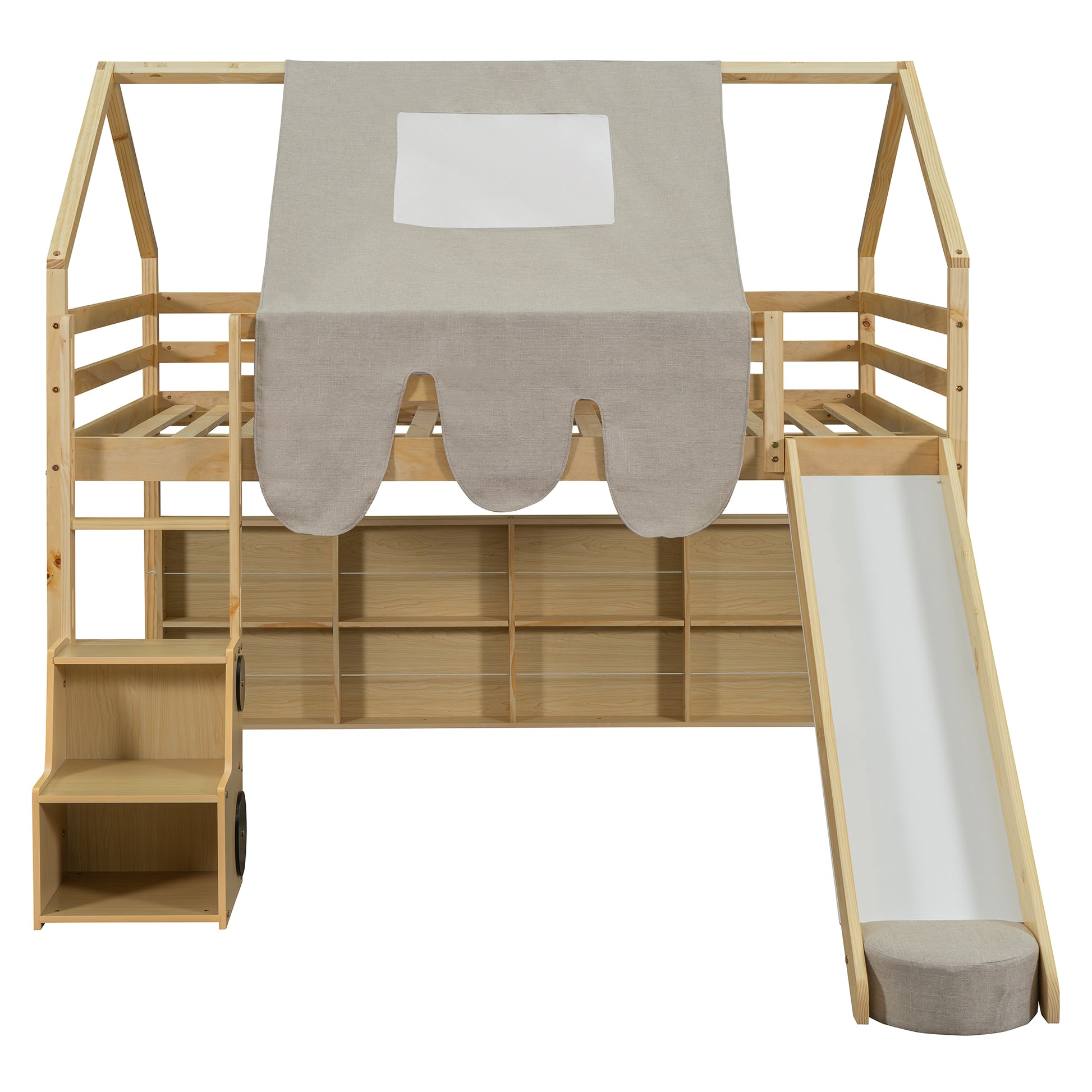 Natural wood loft bed with slide
