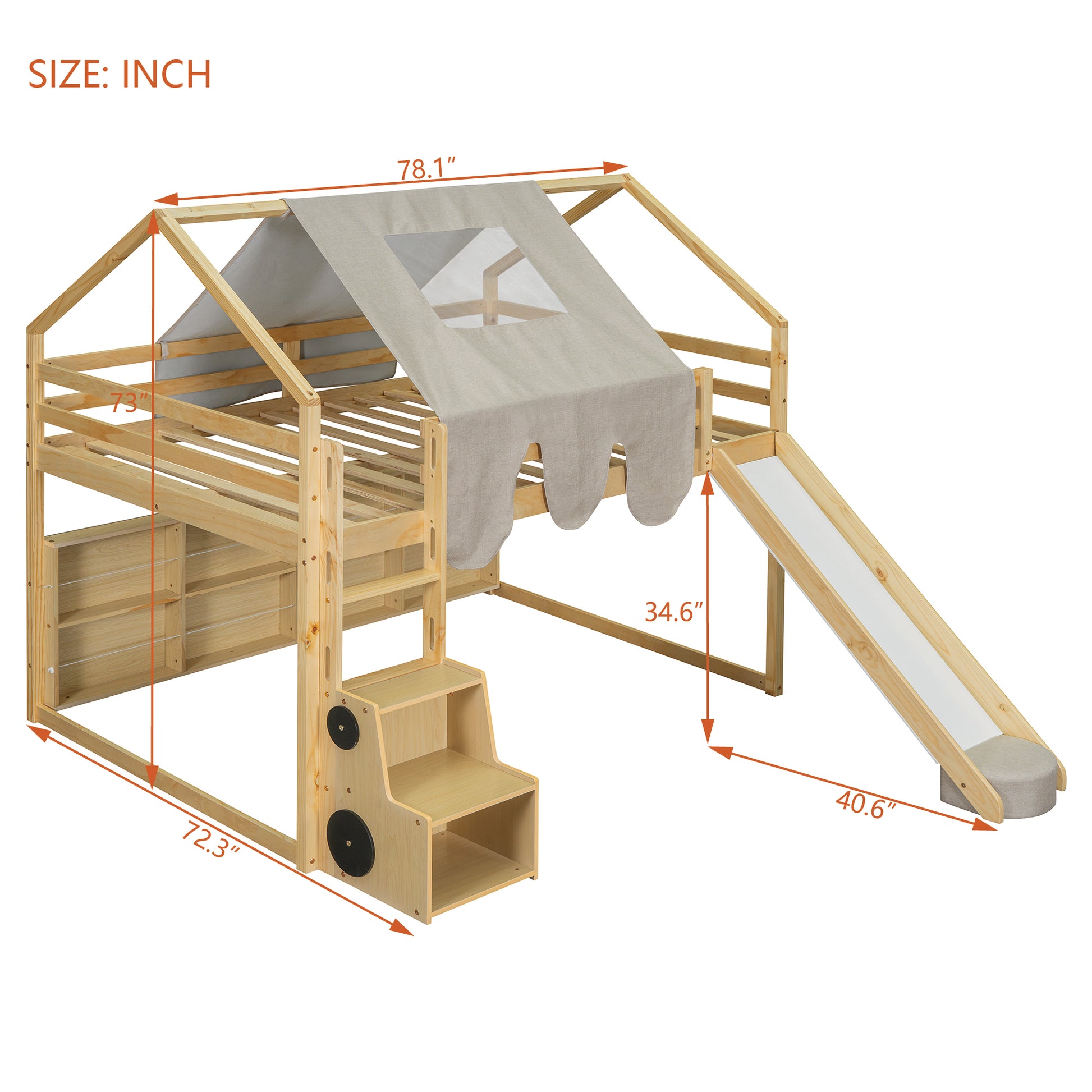 Wooden loft bed with slide and tent for kids