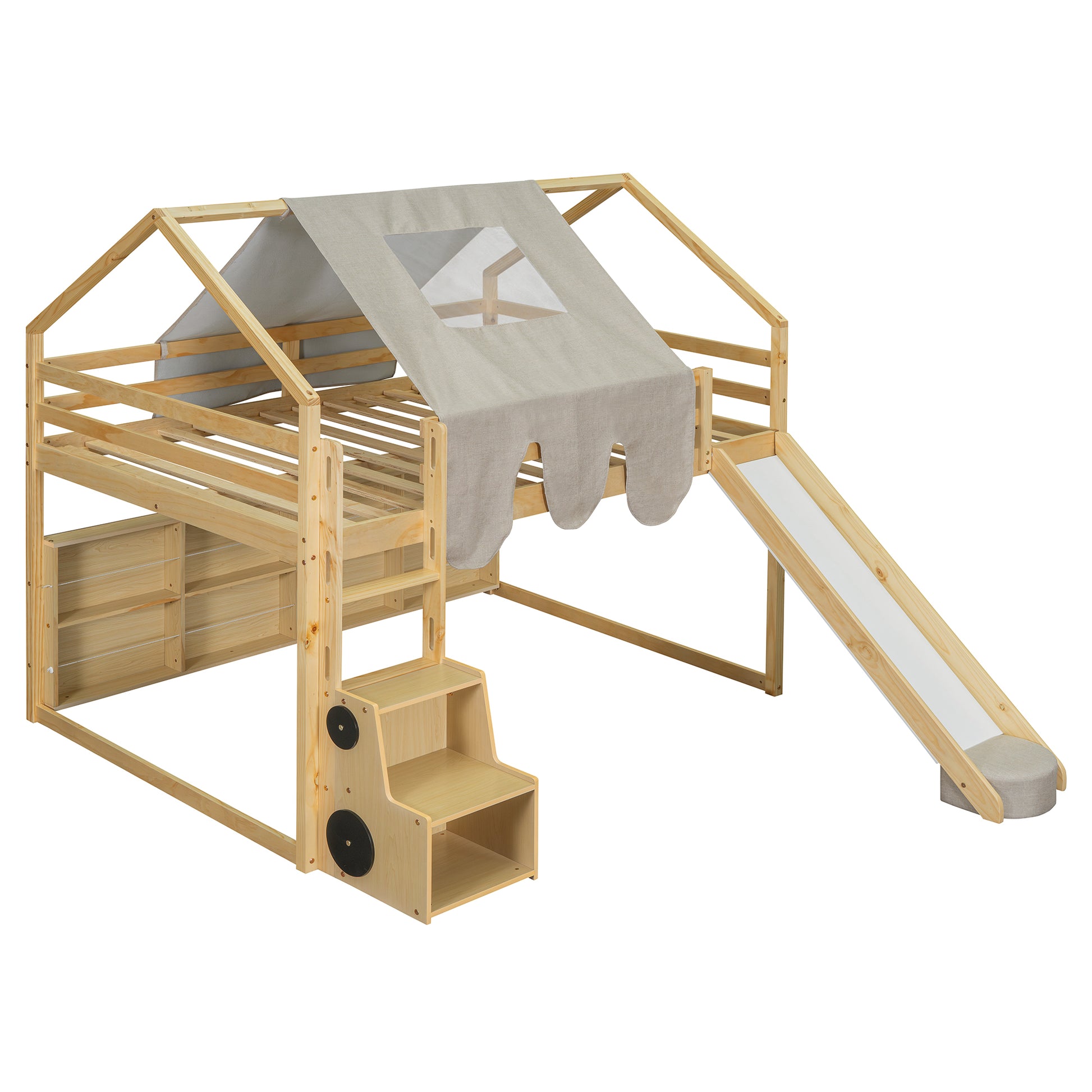 Natural wood loft bed with gray tent canopy and slide for kids room