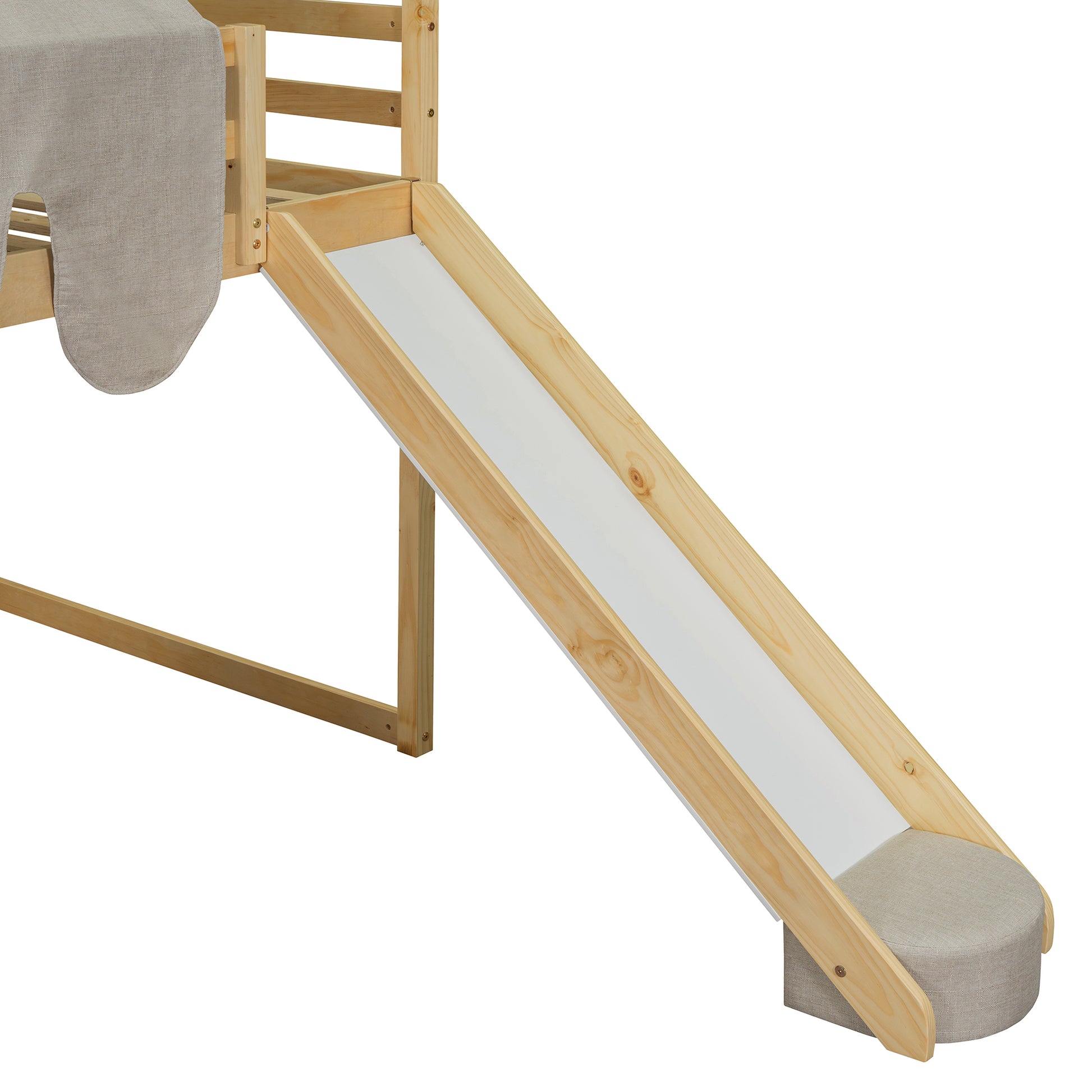 Natural wood loft bed with white slide and grey fabric canopy