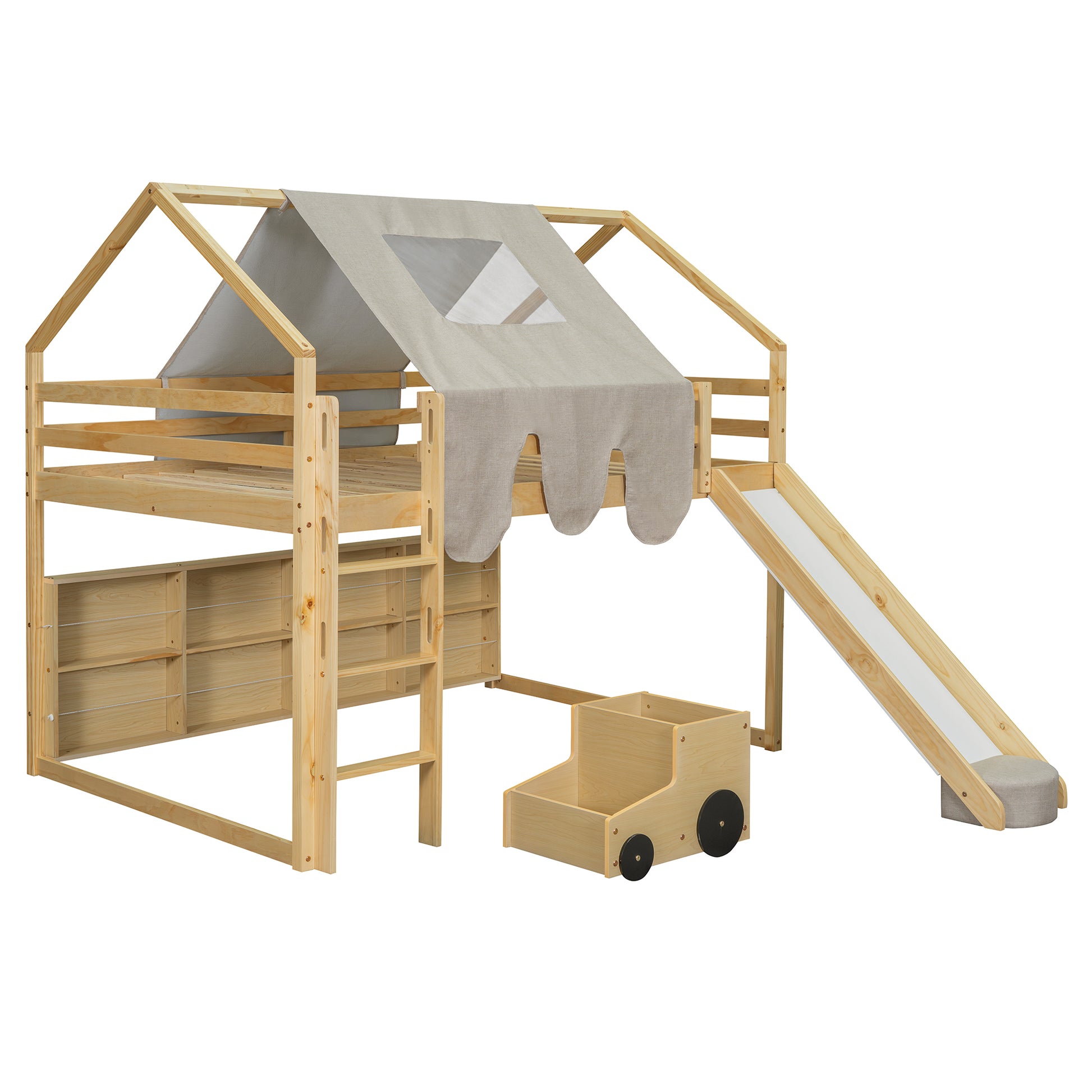 Wooden loft bed with tent roof and slide