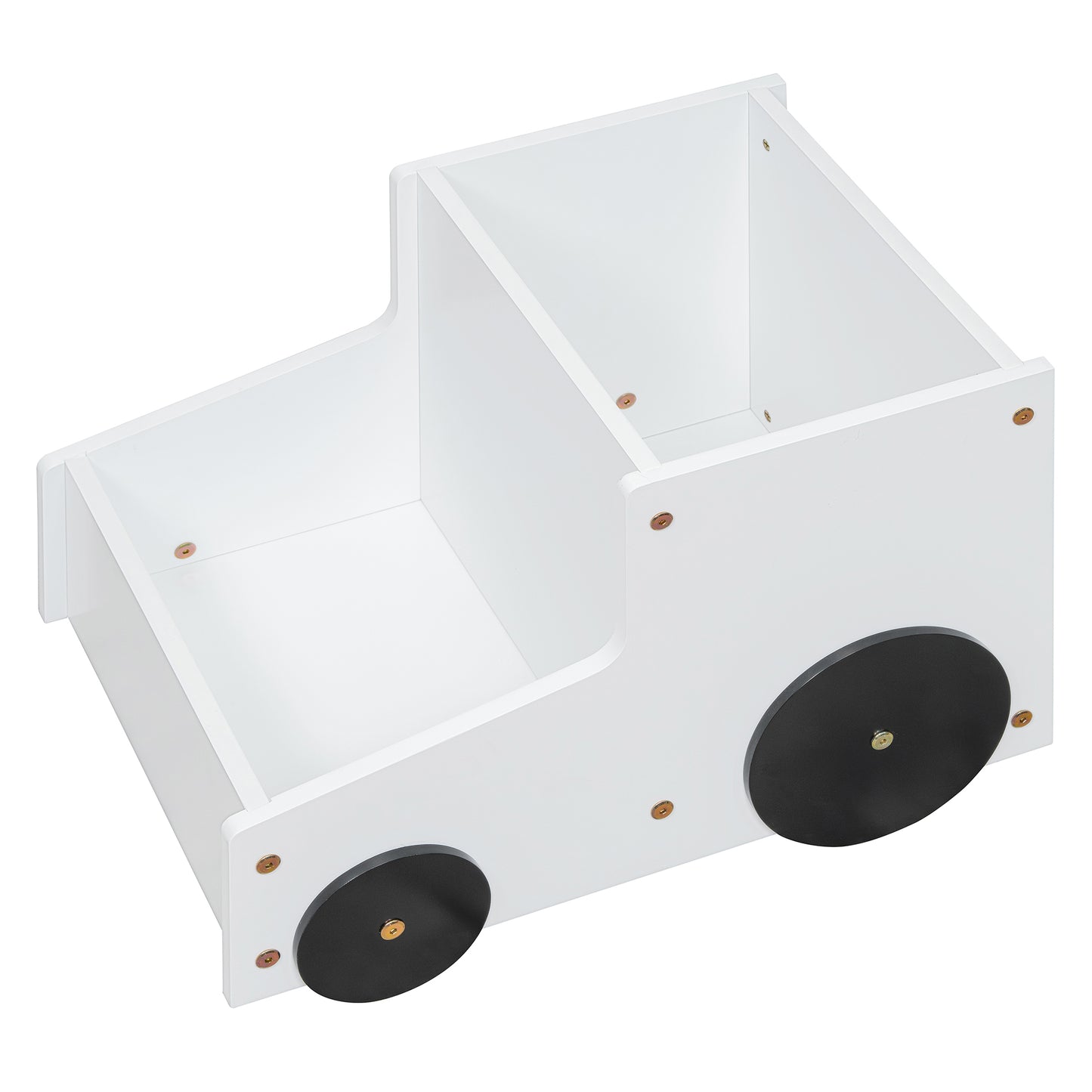 White wooden toy truck organizer with two compartments and black wheels