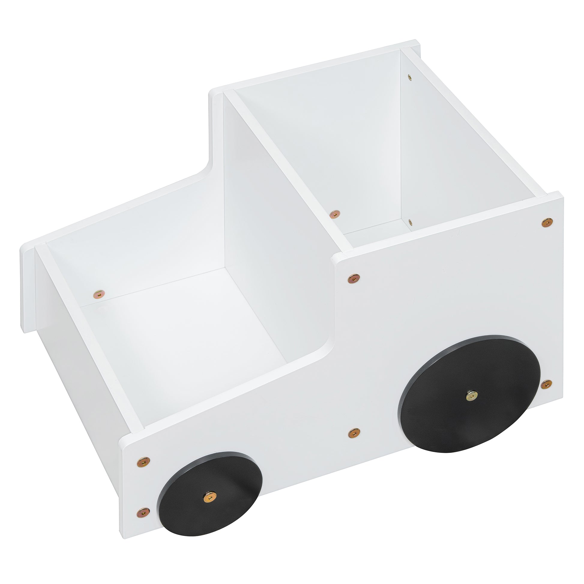 White wooden toy truck organizer with two compartments and black wheels