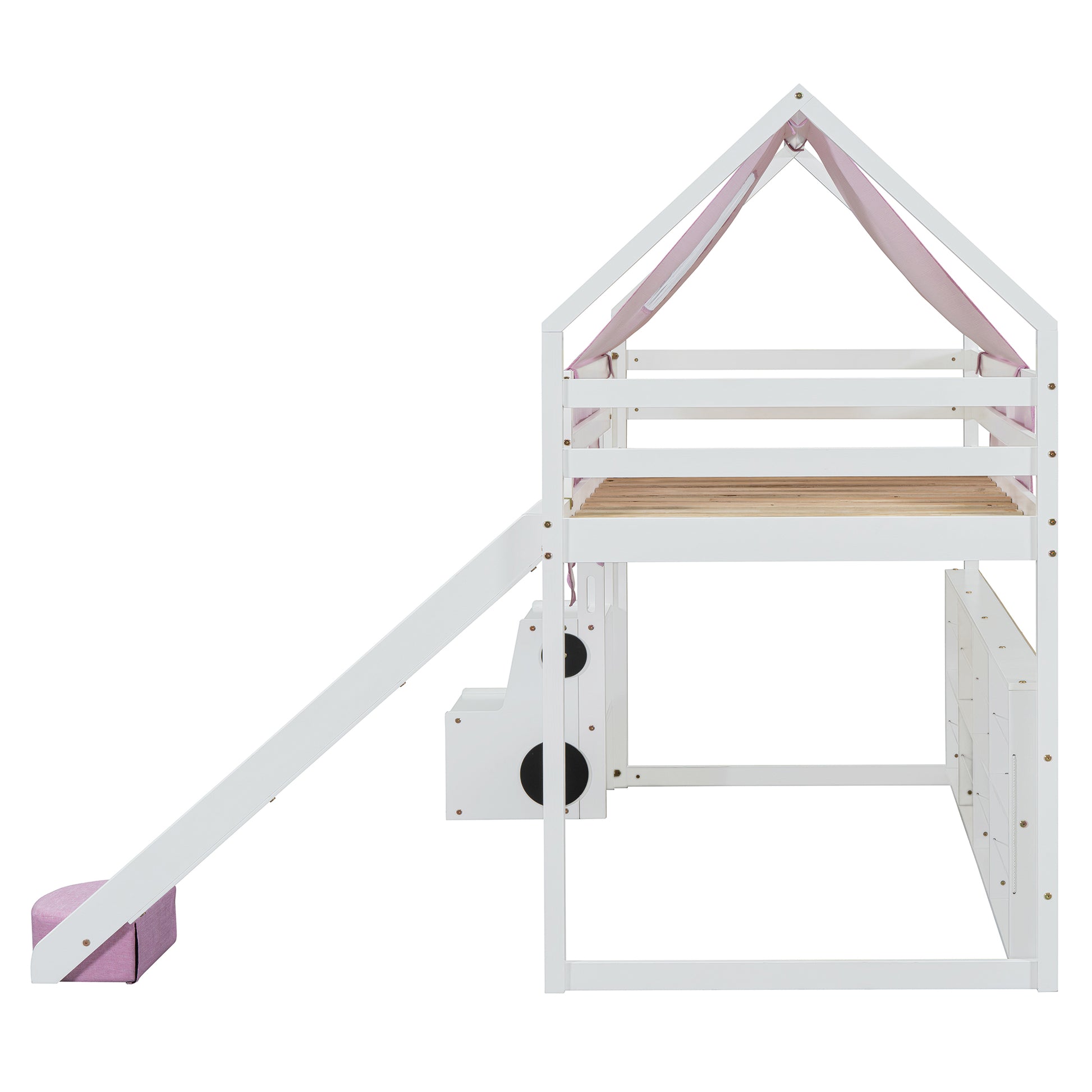 White wooden loft bed with pink canopy and slide