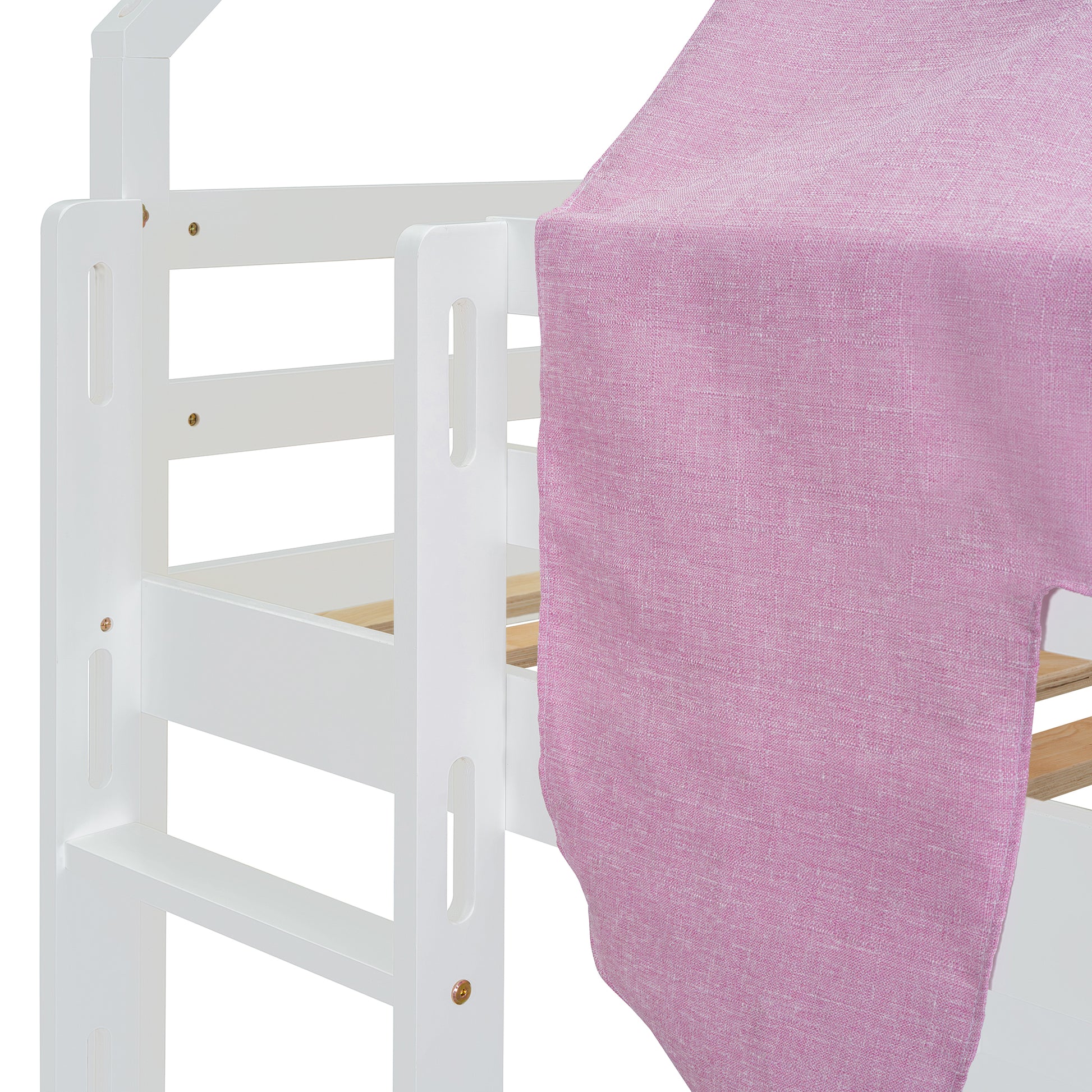 White wooden bed frame with pink linen canopy detail