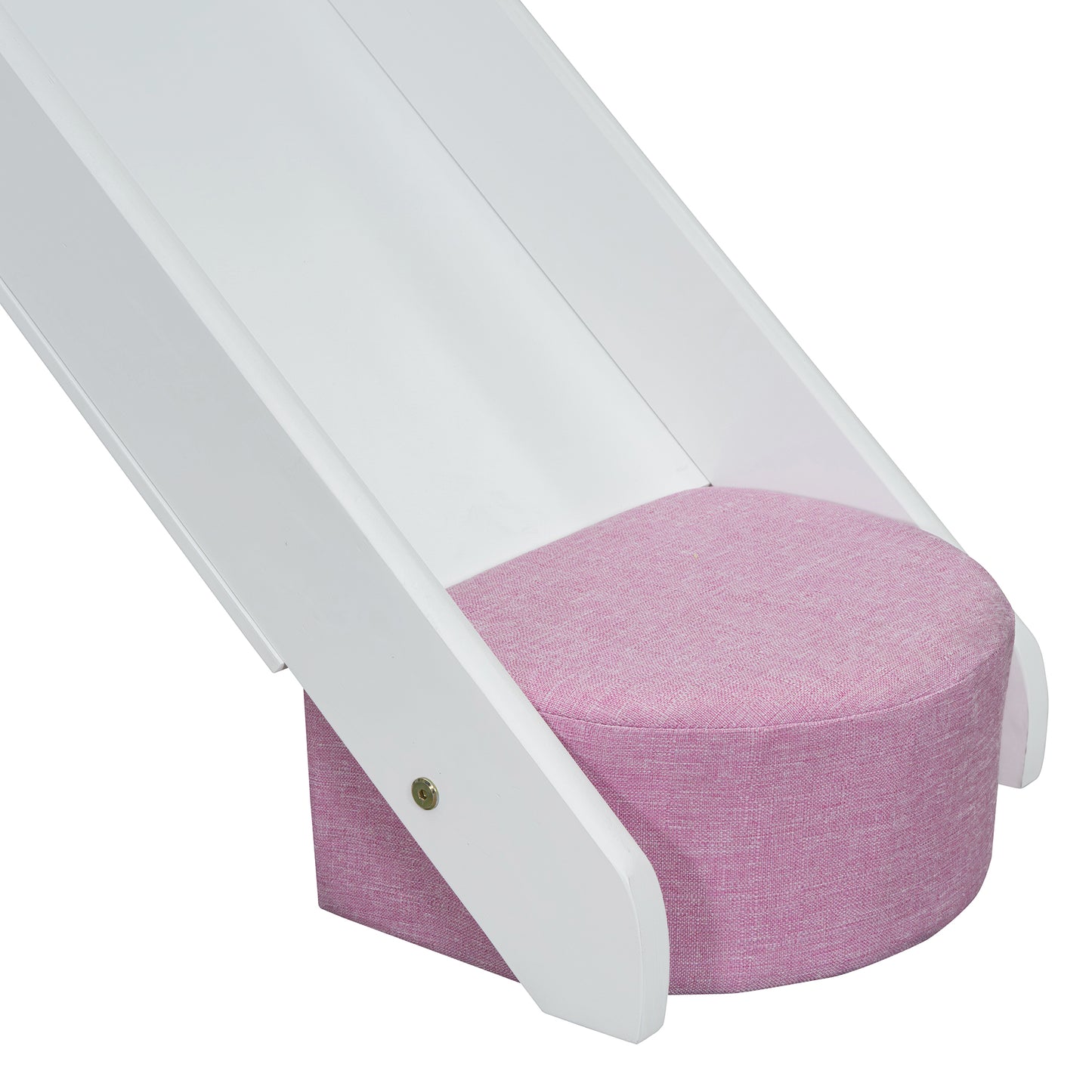White wooden slide with a textured pink cushioned seat