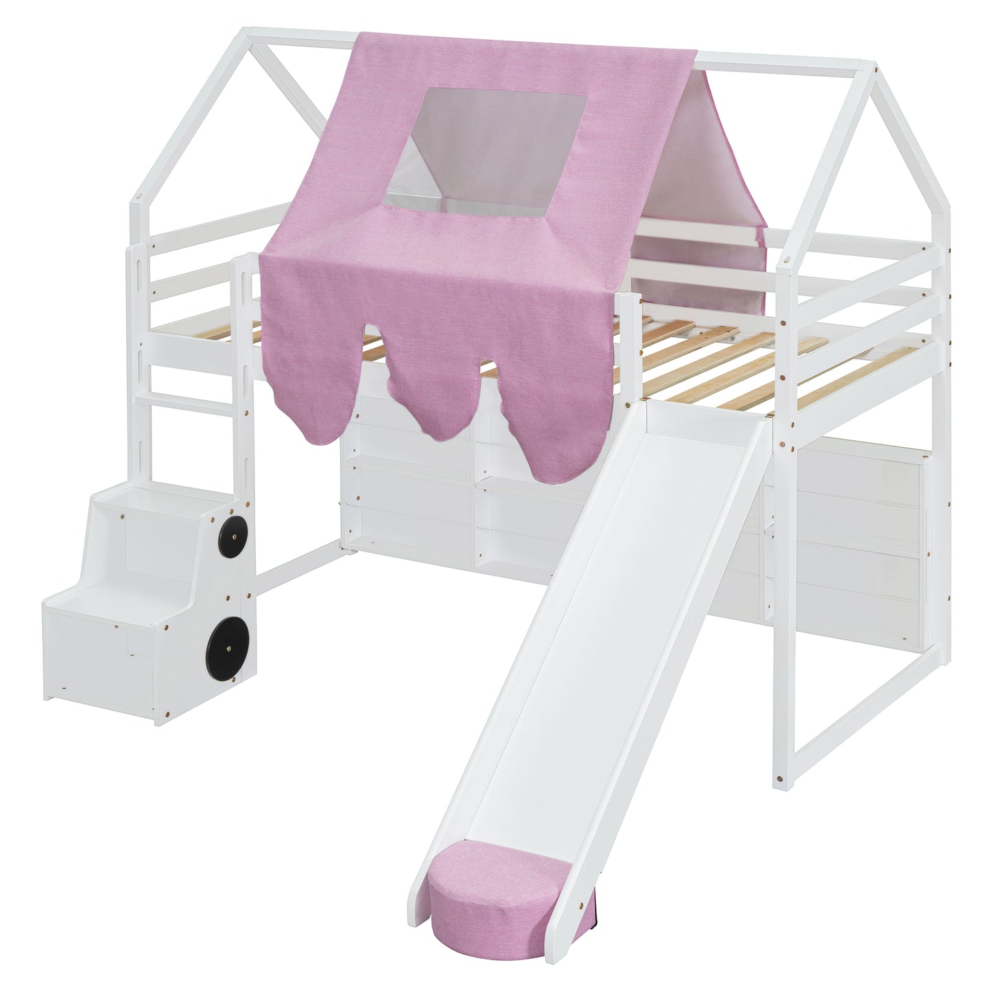 White loft bed with pink tent and slide