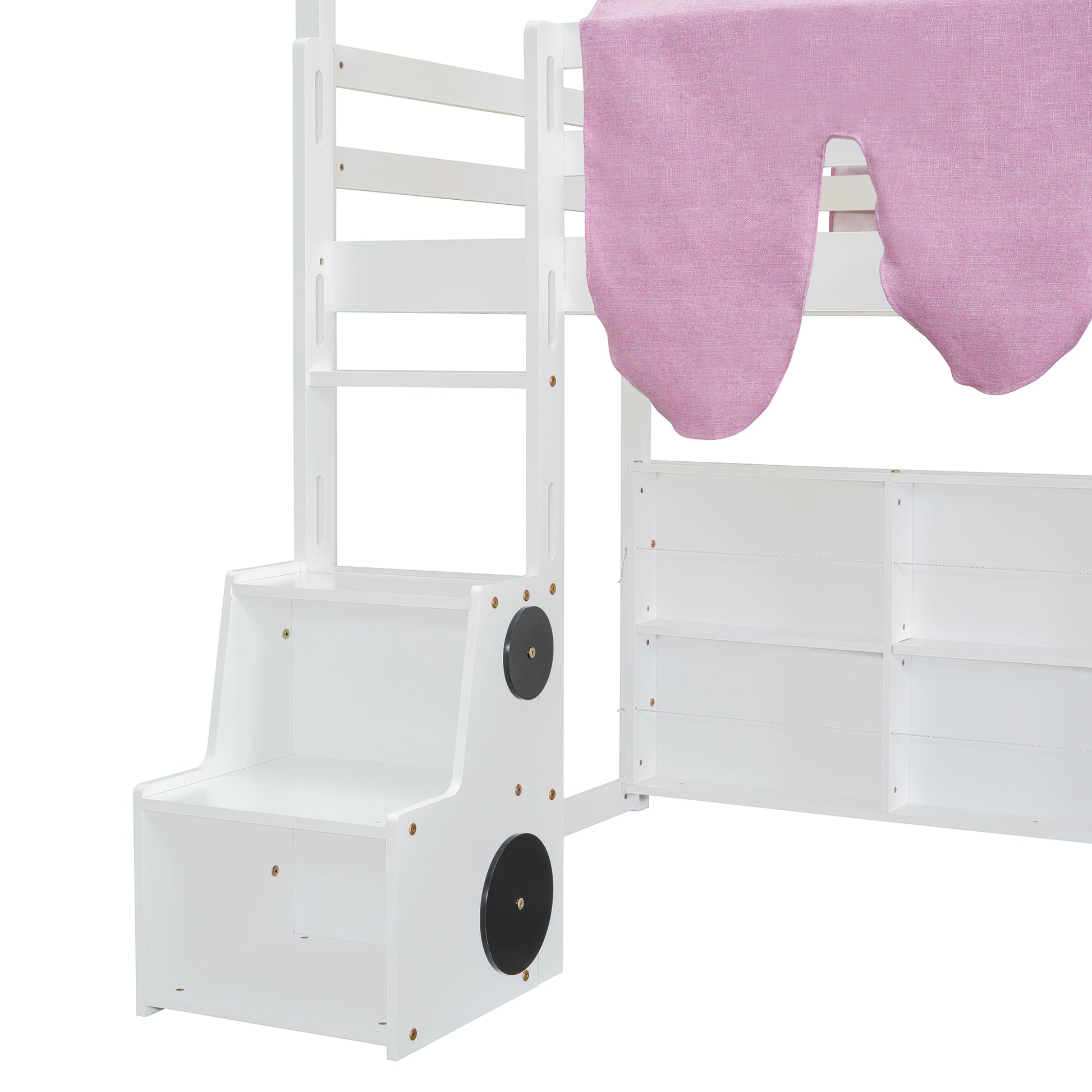White wooden bunk bed stairs with integrated storage and pink fabric curtain