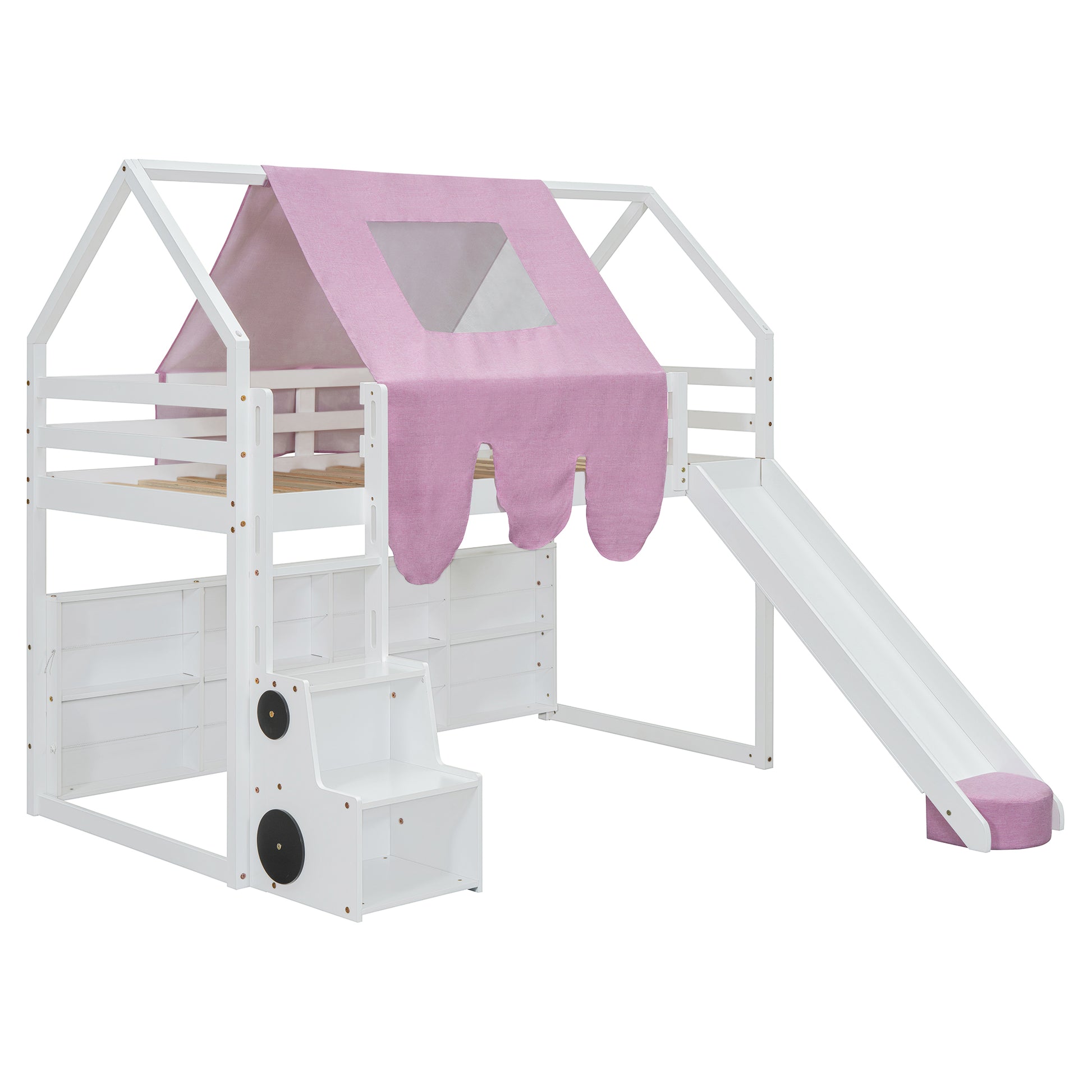 White wooden loft bed with pink tent and slide