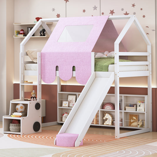 White wooden loft bed with pink tent and slide for kids