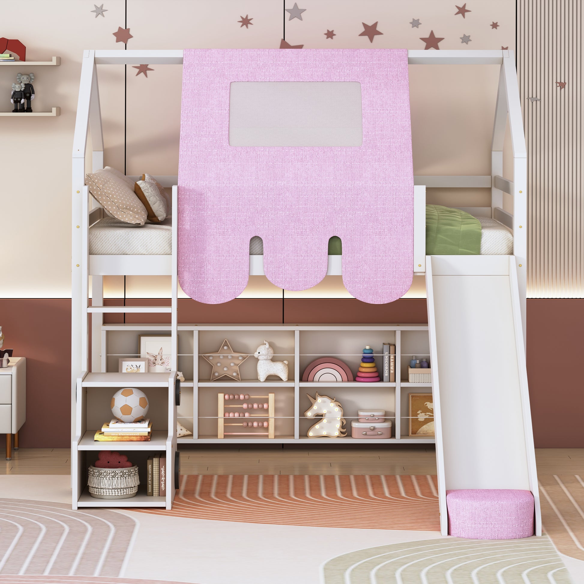 White wooden loft bed with pink canopy and slide